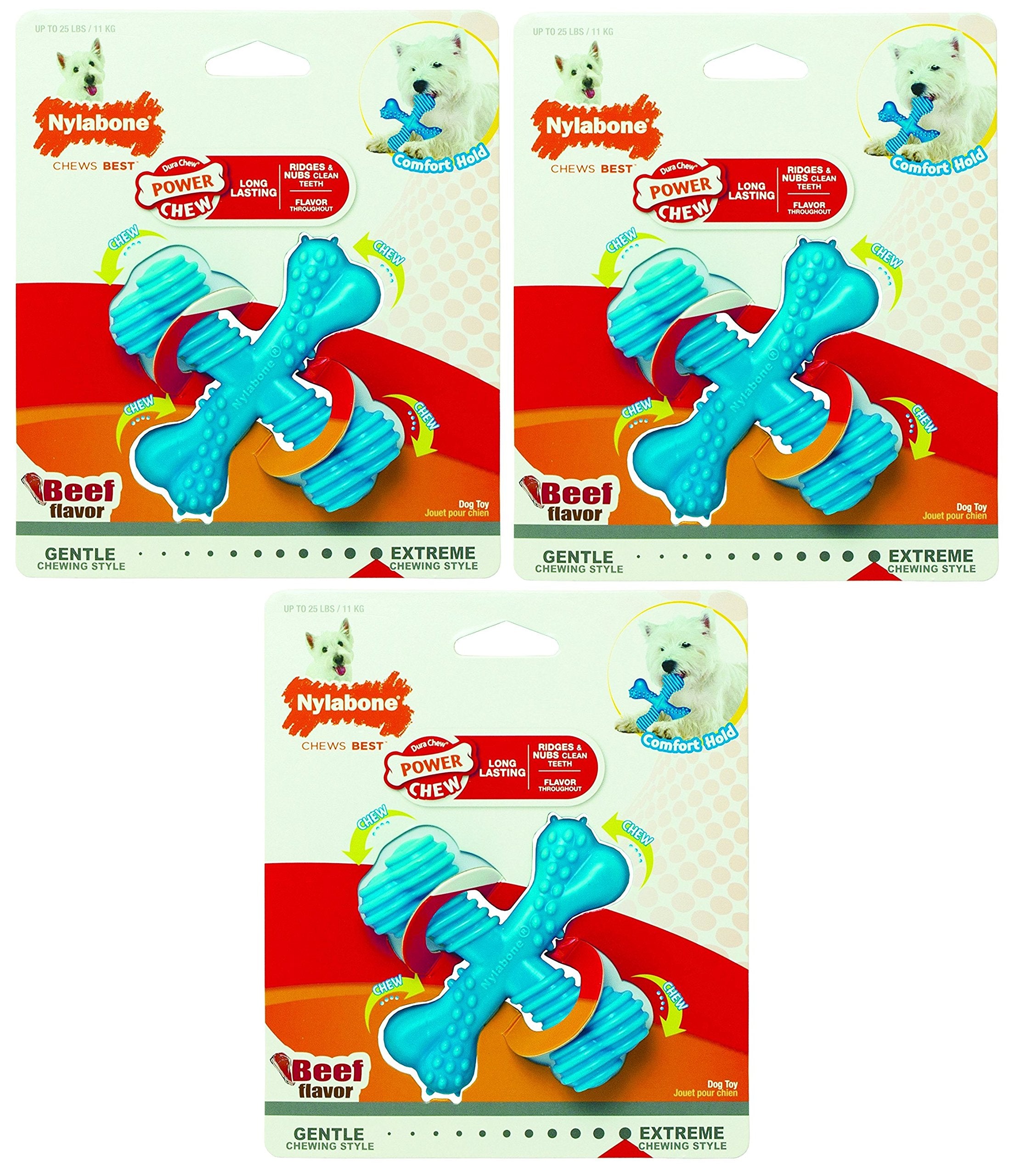 Nylabone 3 Pack Of Power Chew X Bones, Regular, Beef Flavor Toys For Dogs Up To 25 Pounds