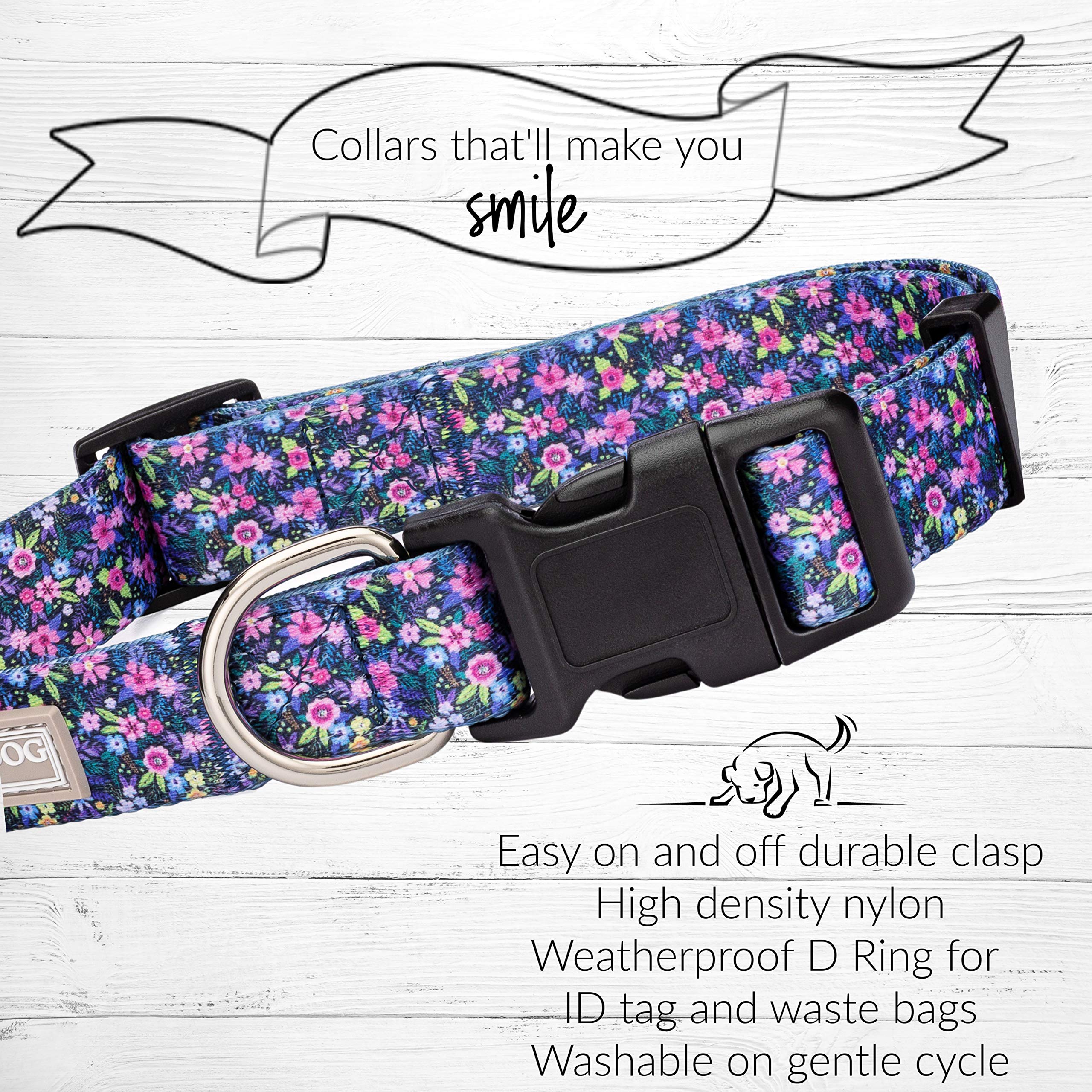 Lucky Love Dog, Comfortable, Soft, Cute Female Dog Collar For Tiny Dogs, Black & Purple Floral Print, Adjustable Nylon Collar, Primrose, Xs