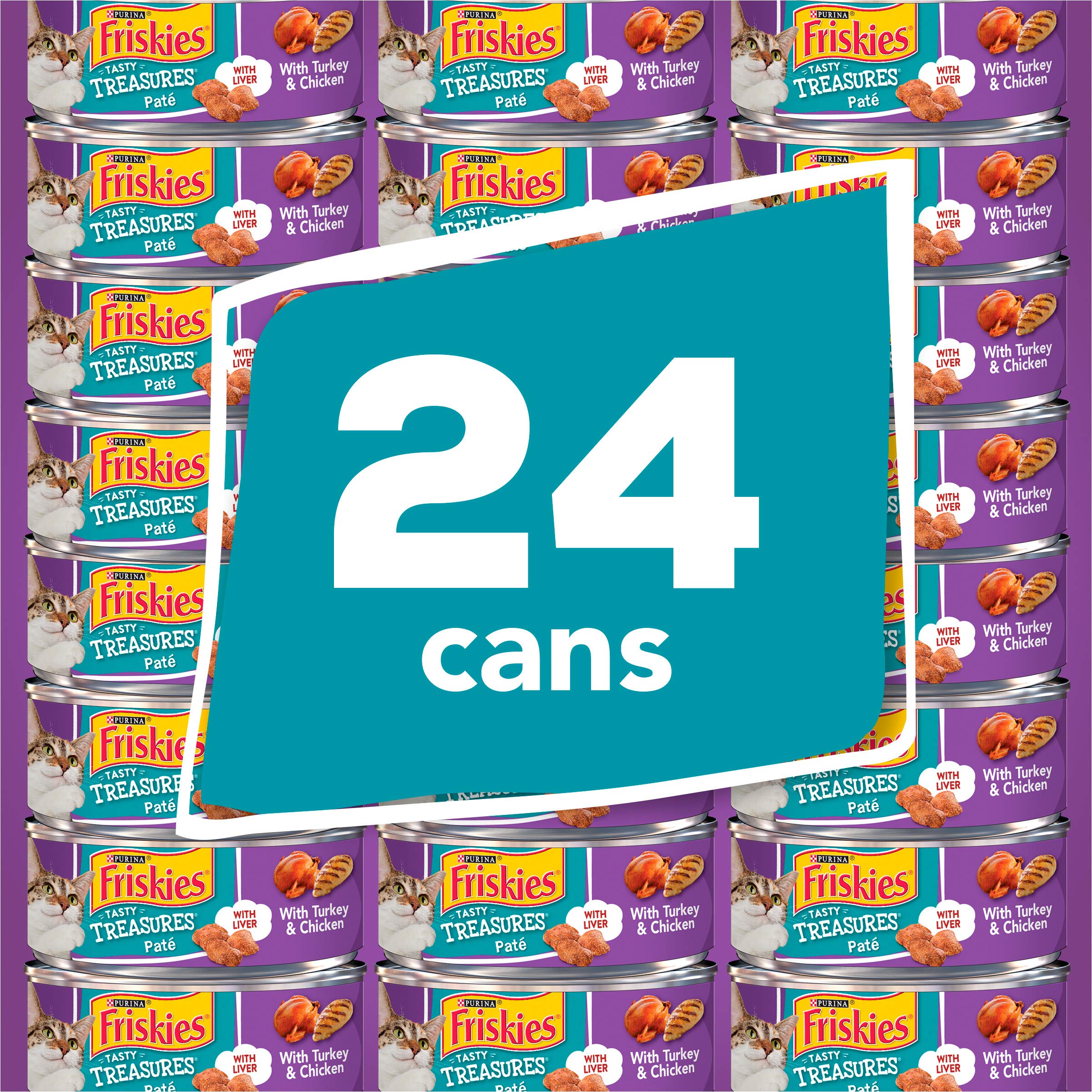 Purina Friskies Wet Cat Food Pate, Tasty Treasures Turkey Chicken Liver, Canned Cat Food Wet, Pack of 24 5.5 oz Cans