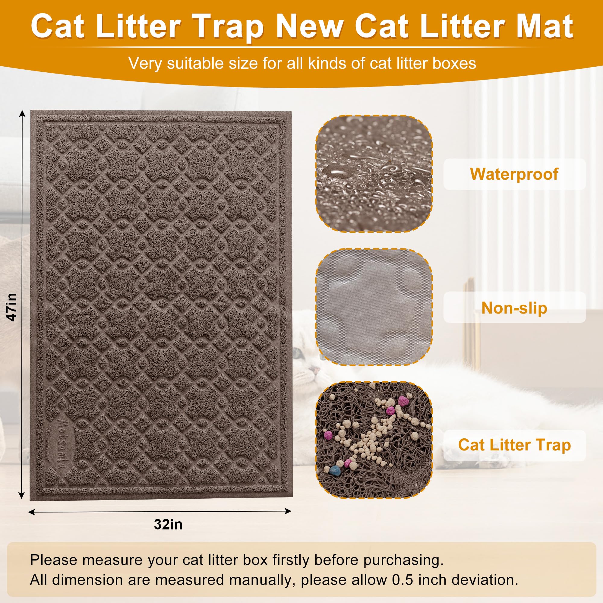 Motsamla Cat Litter Box Mat, 47  x 32  XL Large Kitty Litter Trapping Mat Keep Floor Clean