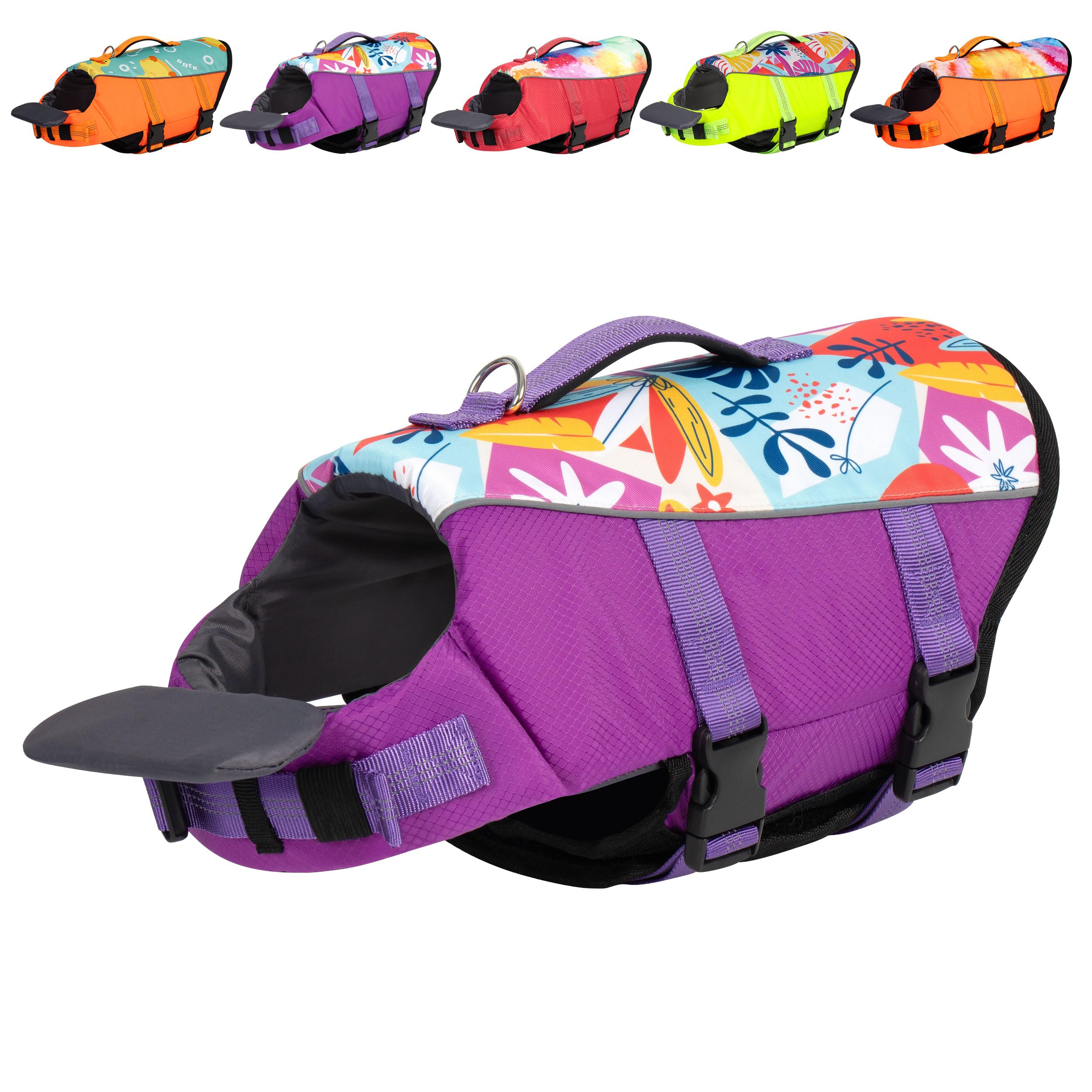 Cyeollo Dog Life Jacket Printed Dog Life Vest For Swimming Boating, Adjustable Pet Safety Vest With Rescue Handle Reflective Lif