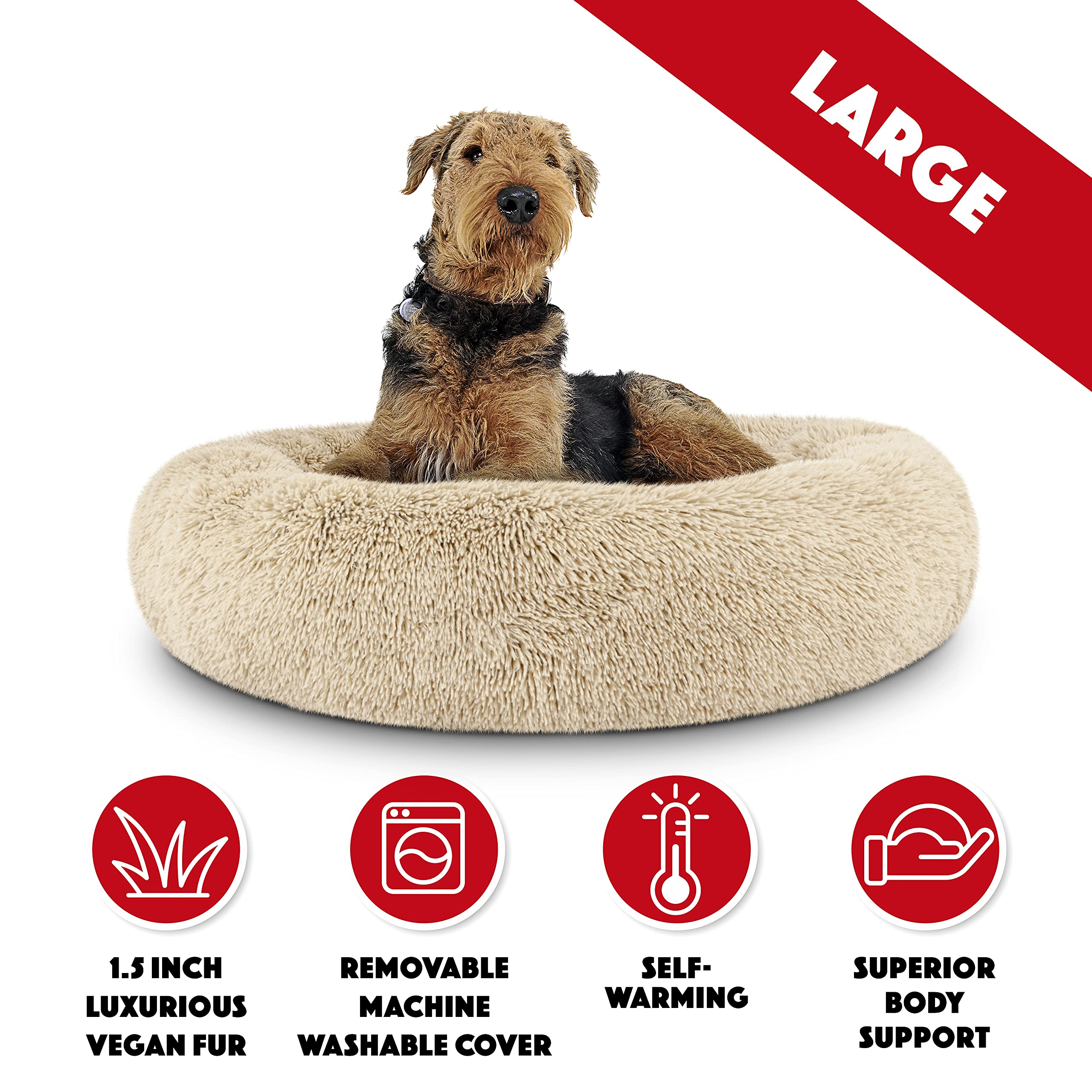 The Dogs Bed Sound Sleep Donut Dog Bed, Large Dog Beige Fur Calming Nest Bed, Veterinary Approved