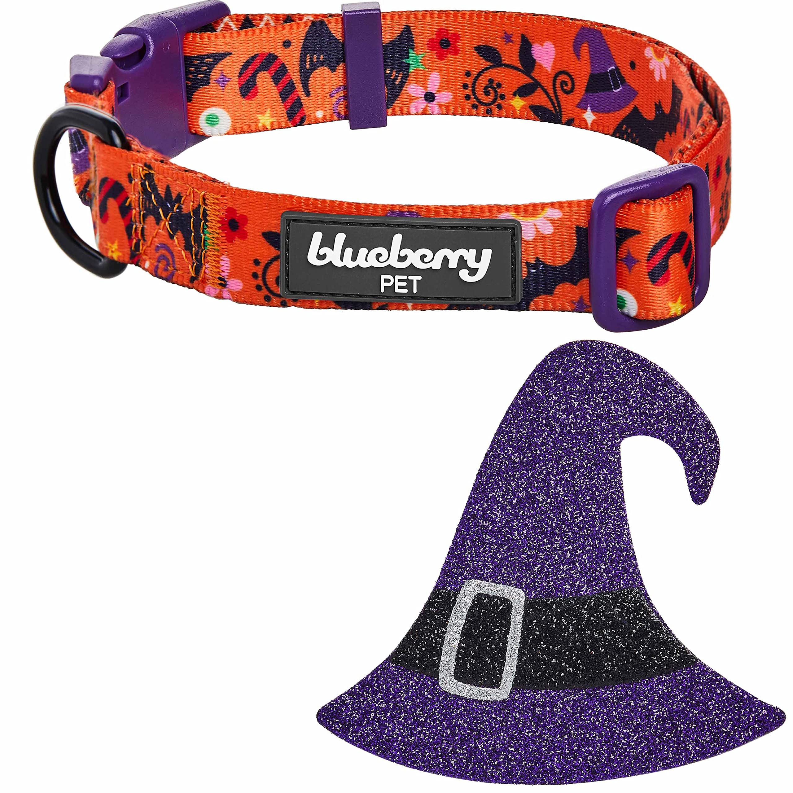 Blueberry Pet Halloween Witch Hat Adjustable Dog Collar with Detachable Glitter Accessory, Large, Neck 18''-26''