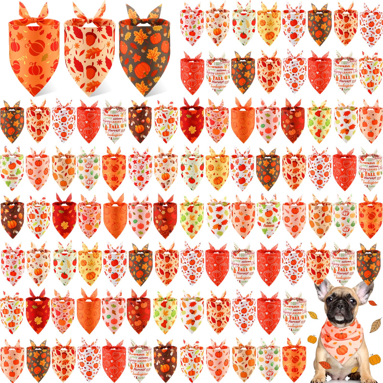 Chunful 100 Pieces Fall Dog Bandanas Bulk Autumn Pet Bandanas with Pumpkin Patterns Triangle Scarf Bib Kerchief Set for Small La