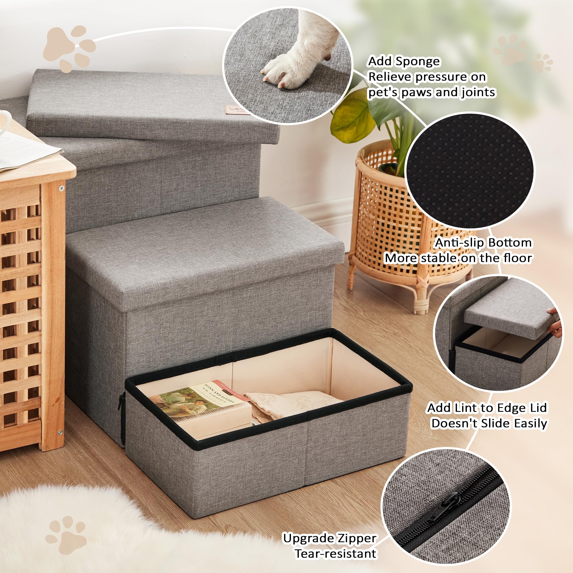 Love'S Cabin Dog Stairs For High Bed 18'H,Foldable Pet Stairs For Small Medium Or Large Dogs Puppy With Storage For Bed Or Couch, Cat Dog Steps Ramp With Zip Up To 210 Lbs(Solid Grey,3 Steps No Condo)