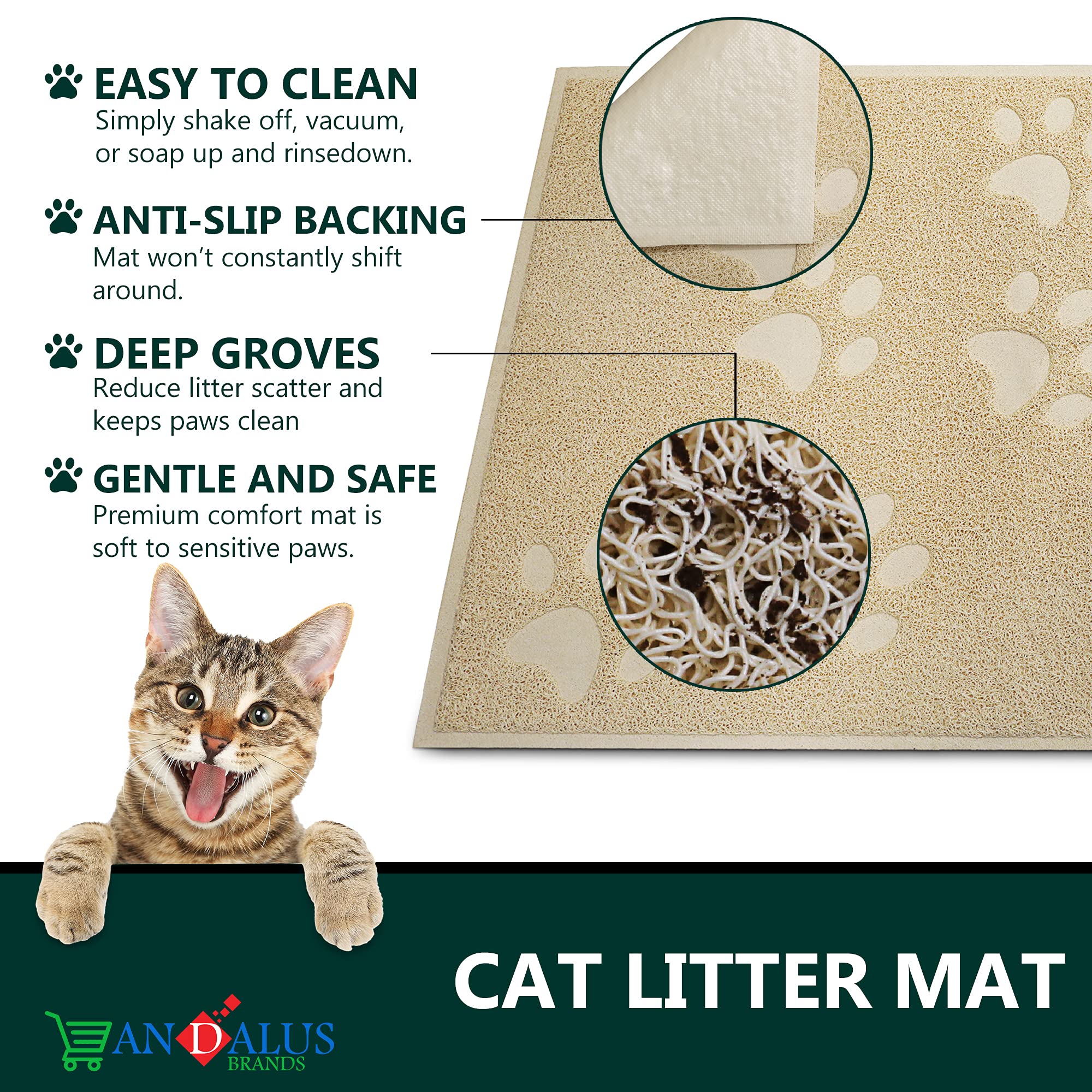 Andalus Premium Cat Litter Mat Pack Of 1-100% Waterproof With Non-Slip Backing Of Litter Box Mat - Soft On Kitty Paws & Easy To Clean Cat Mats For Litter - Beige, Extra-Large (35' X 23')