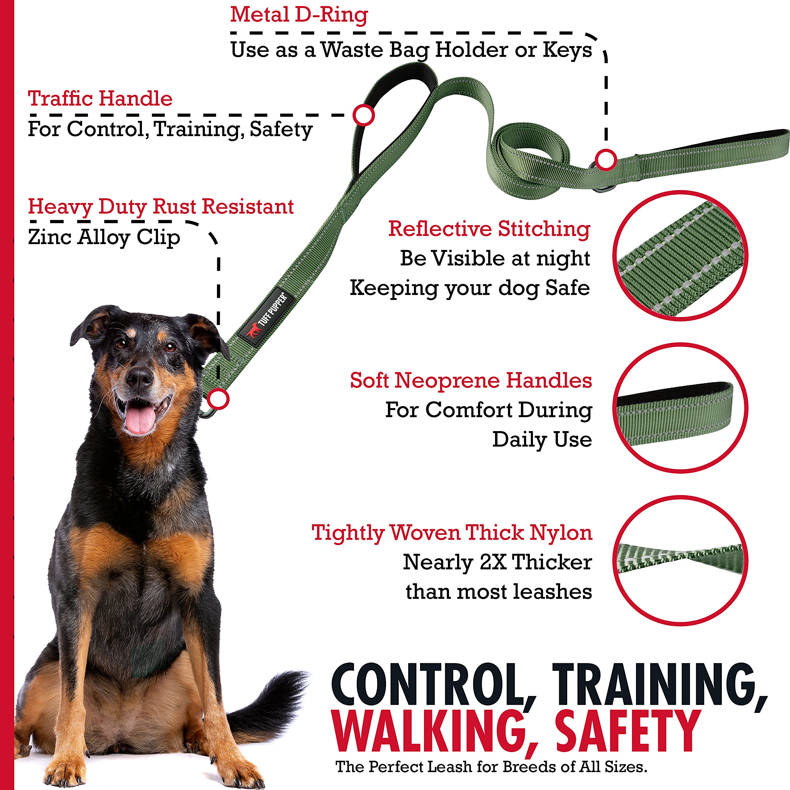 Tuff Pupper Heavy Duty Double Handle Leash With Twist Lock Carabiner Clip | Safety Lock For Strong Dogs | Reflective For Night W