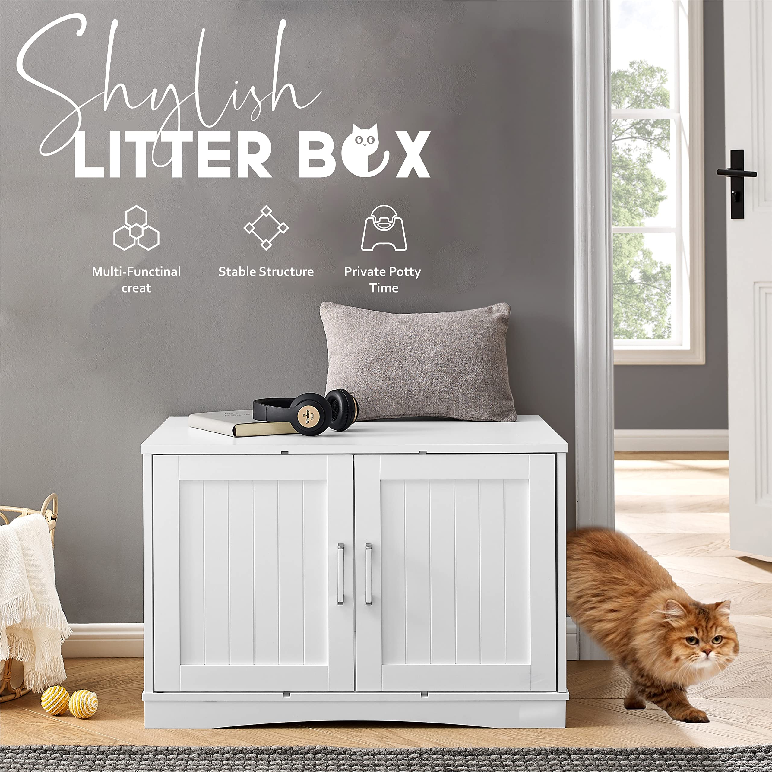 Designer Cat Washroom Storage Bench Cat Litter Box Enclosure Furniture Box House with Table, Spacious Storage, Easy Assembly, Fi