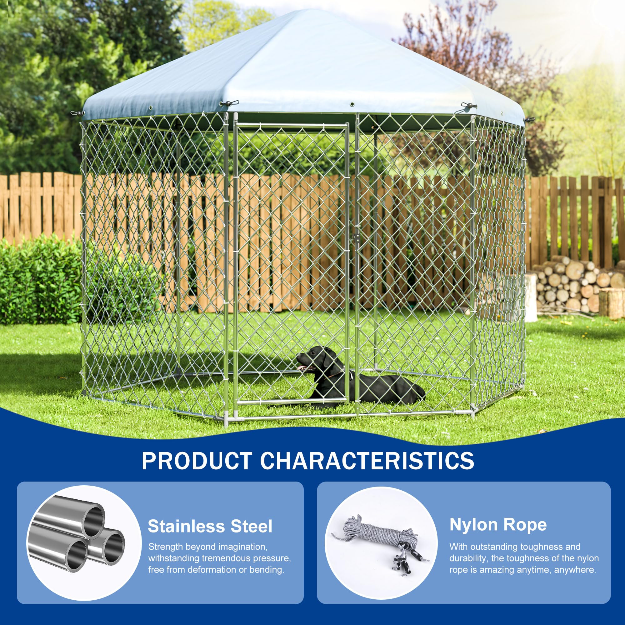Polar Aurora Outdoor Dog Kennel With Roof,Large Dog Kennel Outside With Metal Gate,Heavy Duty Chain Link Dog Kennel With Secure