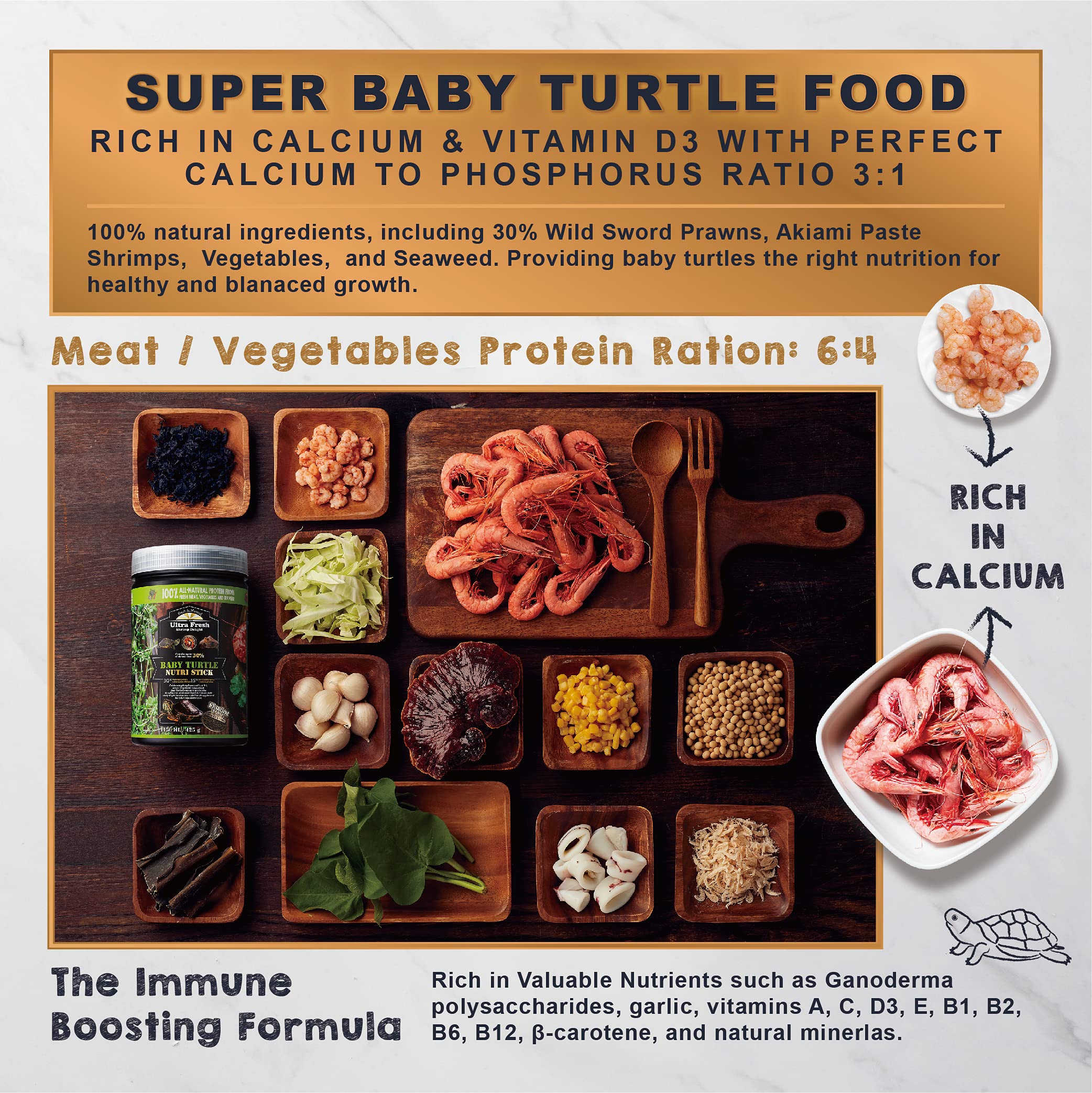 Ultra Fresh Floating Baby Turtle Food, All Natural Ingredients, Wild Sword Prawn, Calcium Vitamin D Enriched for Picky Aquatic B