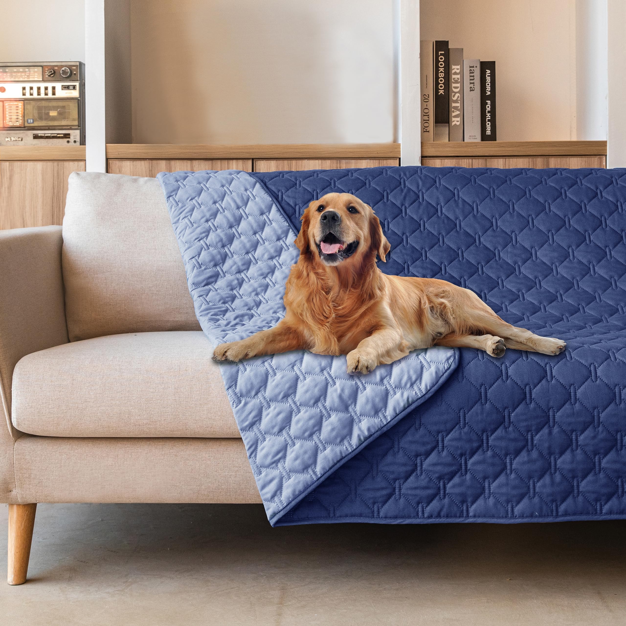 Gogobunny 100% Double Sided Waterproof Dog Blanket Soft Pet Bed Cover Reversible Protect Furniture Couch Sofa Car For Puppy Large Dog Cat (Dark Navy/Light Navy, 68X82 Inch (Pack Of 1))