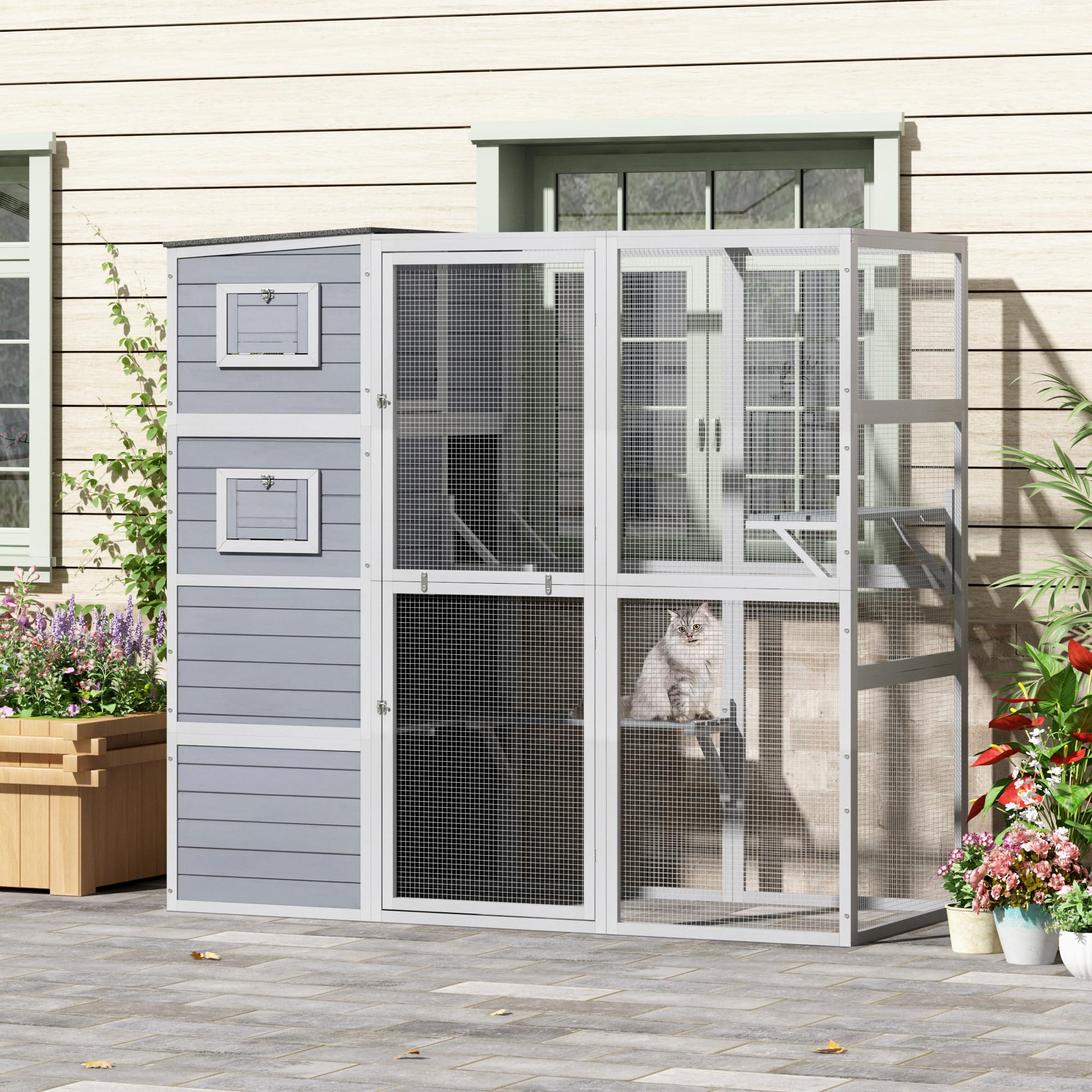 Outdoor Enclosure, 4-Tier Large Cat Catio With Weatherproof Roof, 2 Resting Rooms, 2 Platforms, Walk In Cat Cage Cat House, Wood