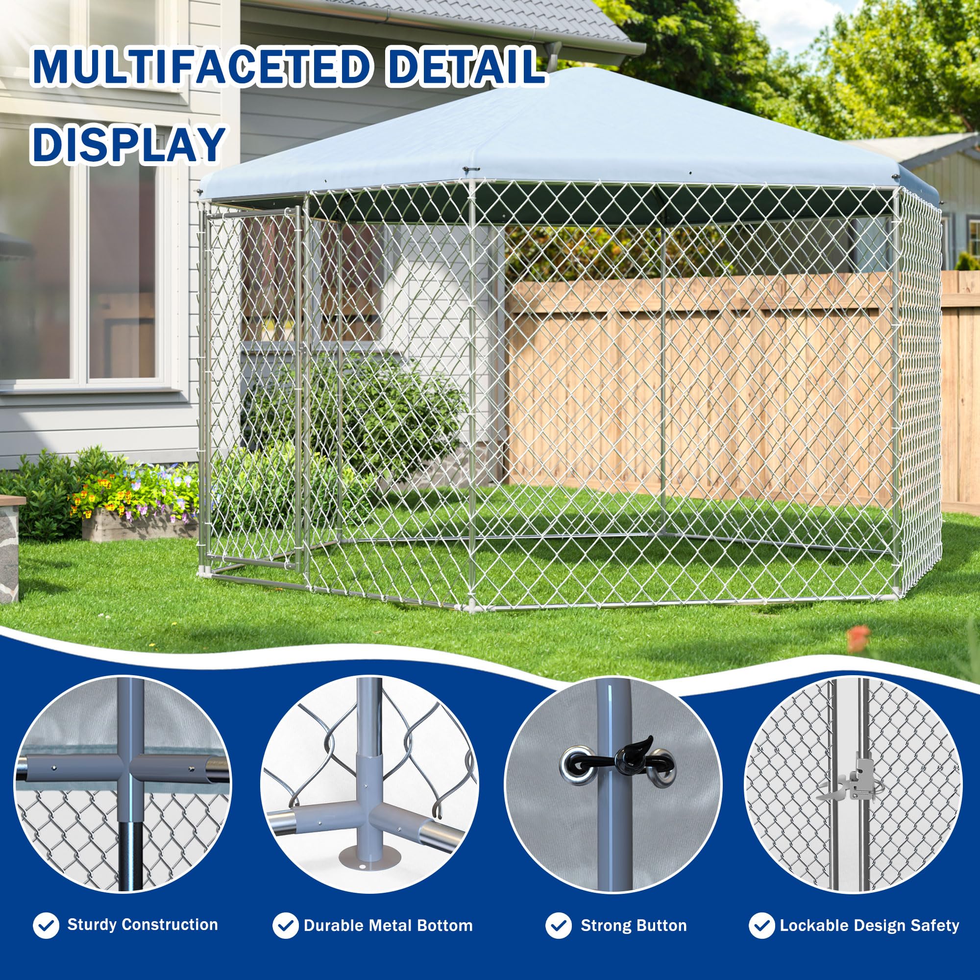 Polar Aurora Outdoor Dog Kennel With Roof,Large Dog Kennel Outside With Metal Gate,Heavy Duty Chain Link With Secure Lock For Ba