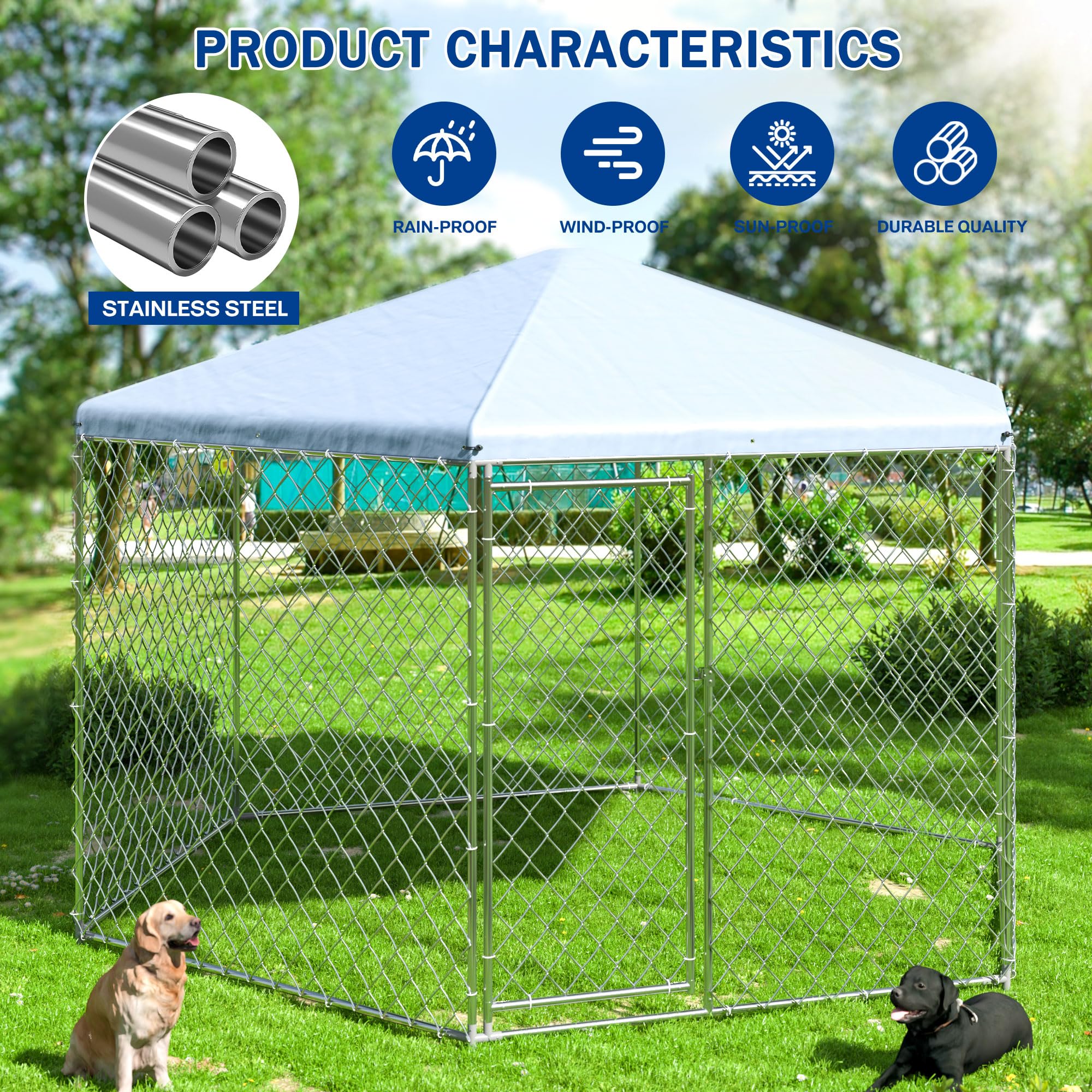 Polar Aurora Outdoor Dog Kennel With Roof,Large Dog Kennel Outside With Metal Gate,Heavy Duty Chain Link With Secure Lock For Ba
