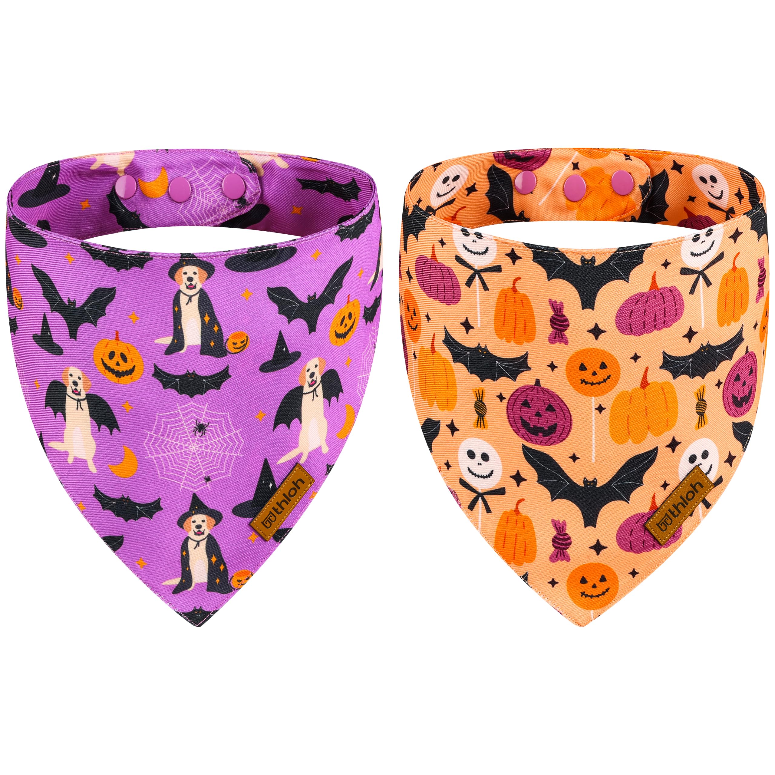 Thloh Halloween Dog Bandanas - 2 Pack Purple Dog Bandana With Snap Button | Reversible Pet Scarf For Boy & Girl | Premium Durabl