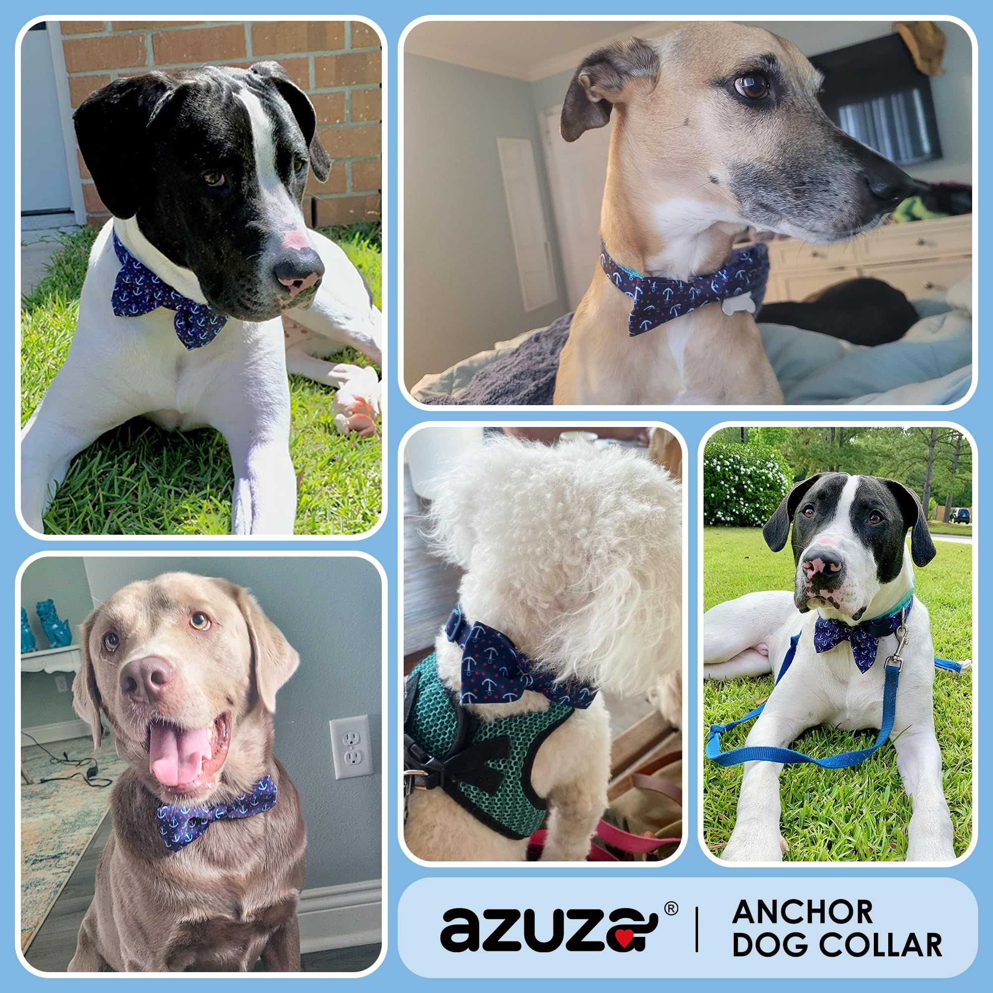 Azuza Anchor Dog Collar With Bow Tie, Soft And Comfortable Adjustable Bowtie For Medium Dogs