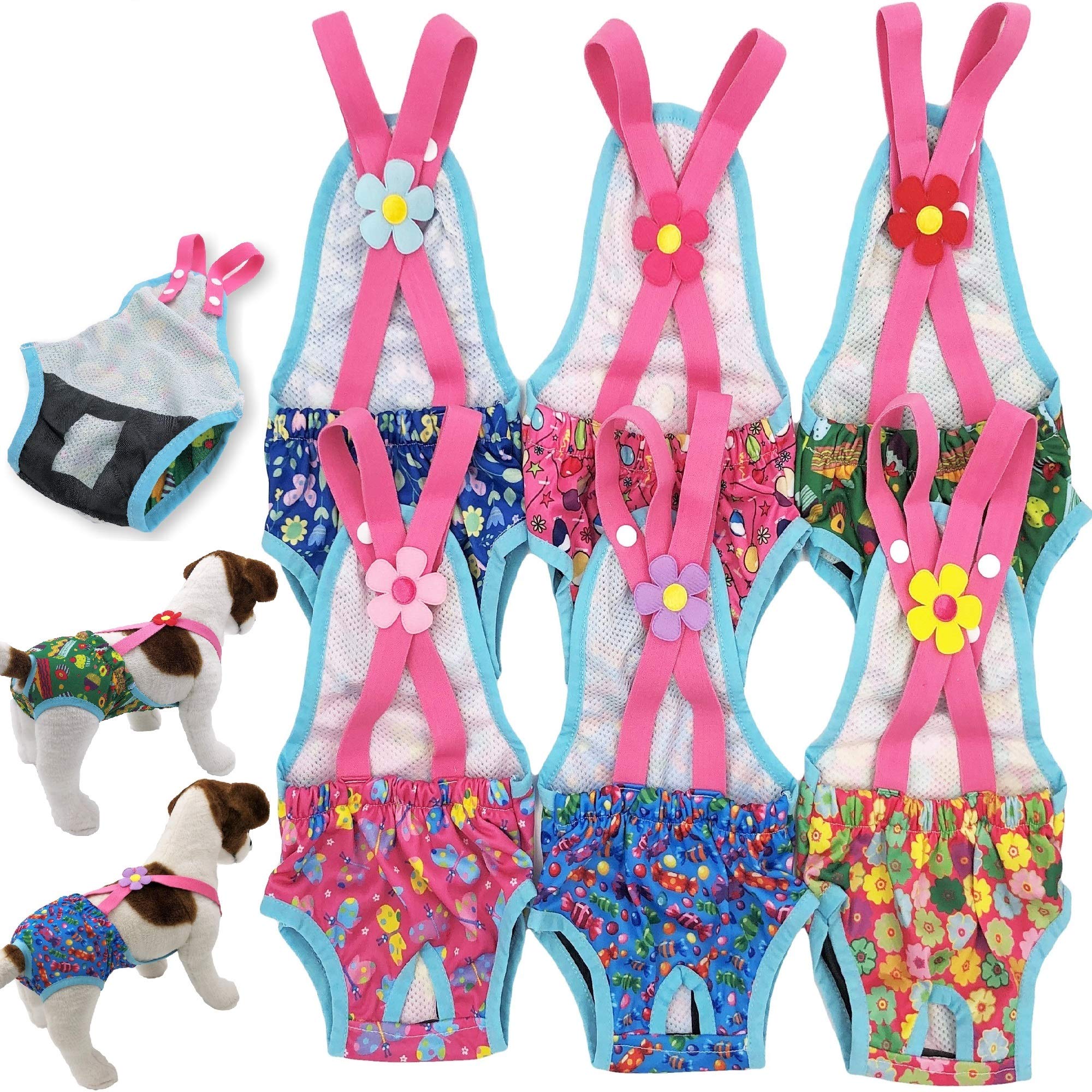 FUNNYDOGCLOTHES Pack of 6 Female Dog Diapers Sanitary Pantie Washable Reusable with Suspenders Stay On for Small Pet (S: Waist 1
