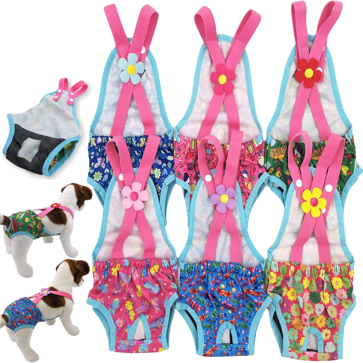 Funnydogclothes Pack Of 6 Female Dog Diapers Sanitary Pantie Washable Reusable With Suspenders Stay On For Small Pet (S: Waist 14' - 16', Pack Of 6 Colors)