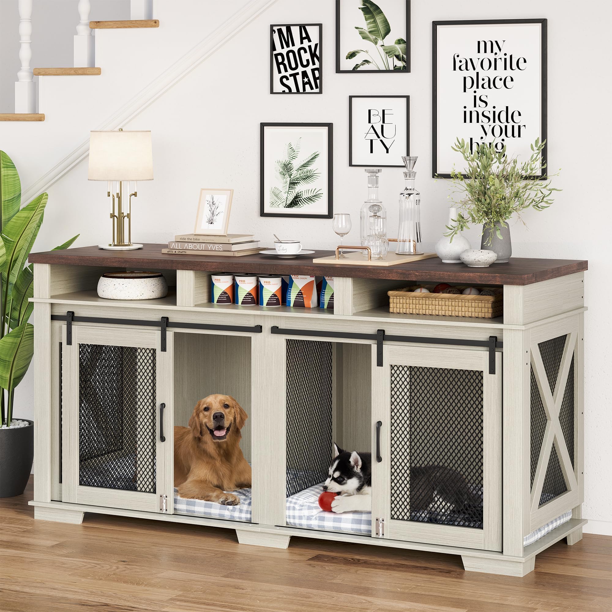Dog Crate Furniture, 71 Heavy Duty Dog Crate Furniture with 3 Storage Compartments & Removable Divider, Stylish Double Dog Kenne