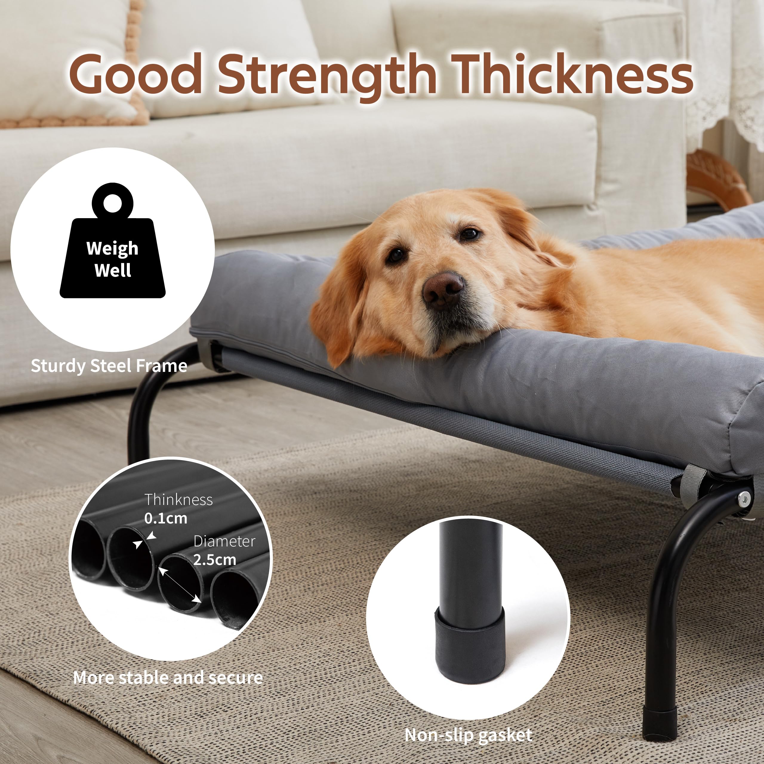 TJSOULER Cooling Elevated Dog Bed with Pillows,Portable Washable Raised Dog Cot with Chew Proof Mesh and Metal Frame,No-Slip Rub