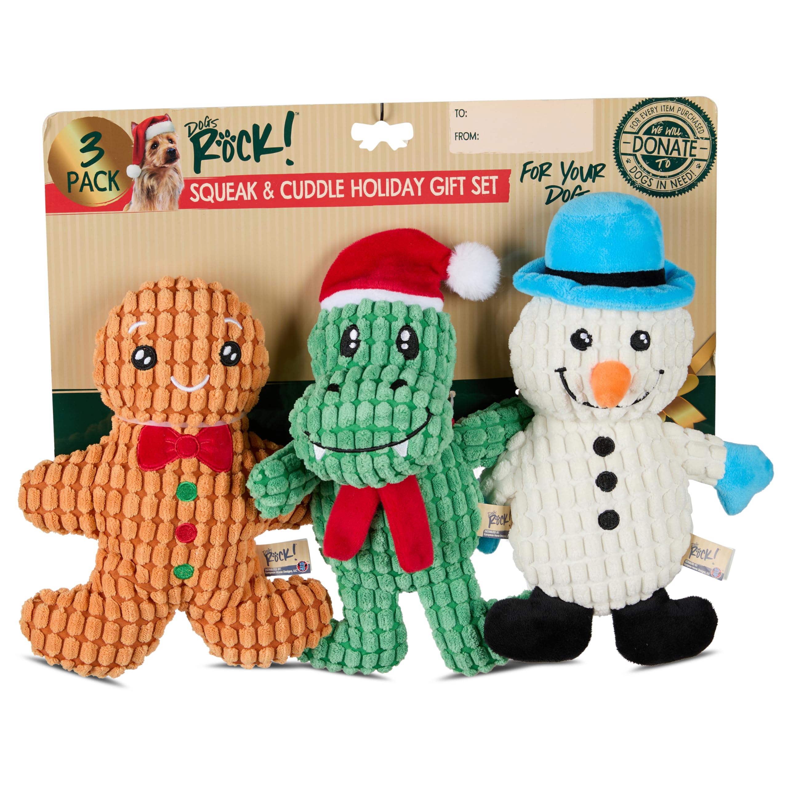 Dogs Rock Holiday Squeaky Plush Dino, Snowman & Gingerbread Dog Toys, 3 Count