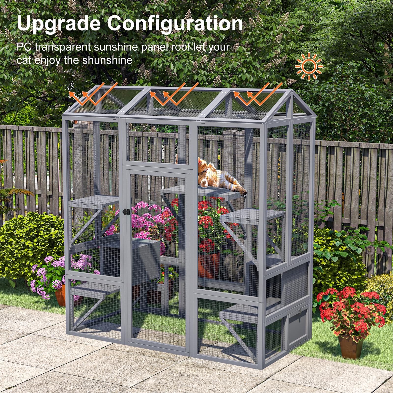 TIMHAKA Large Catio Outdoor Cat Enclosure, 72 Walk-in Cat Cage with Waterproof Cover, Grey, for Multiple Cats, 7 Platforms & 2 Resting Boxes