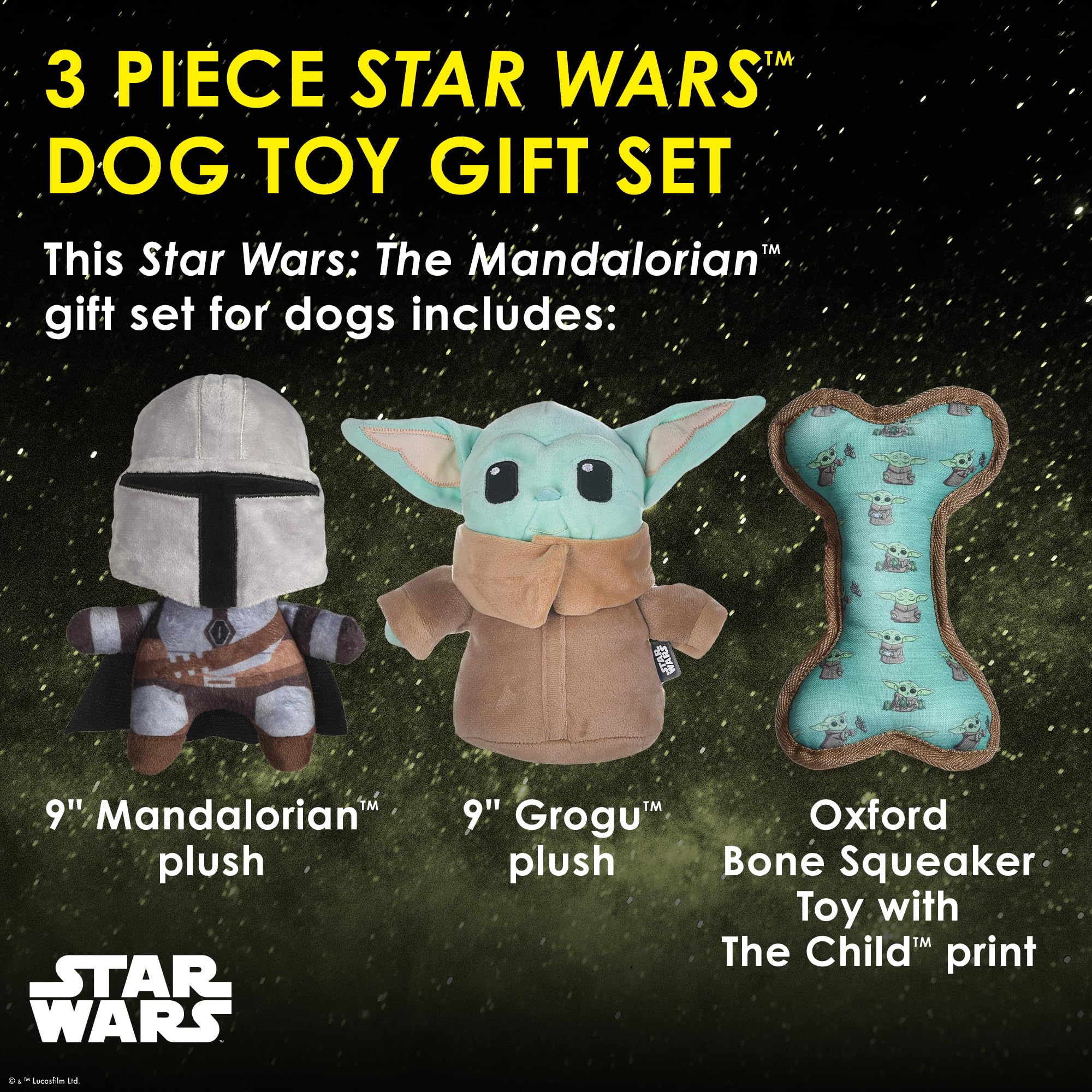 STAR WARS for Pets The Mandalorian 3 Piece Gift Set for Dogs, Includes 9 Mandalorian Plush, 9 GROGU Plush, and Oxford Bone Shape