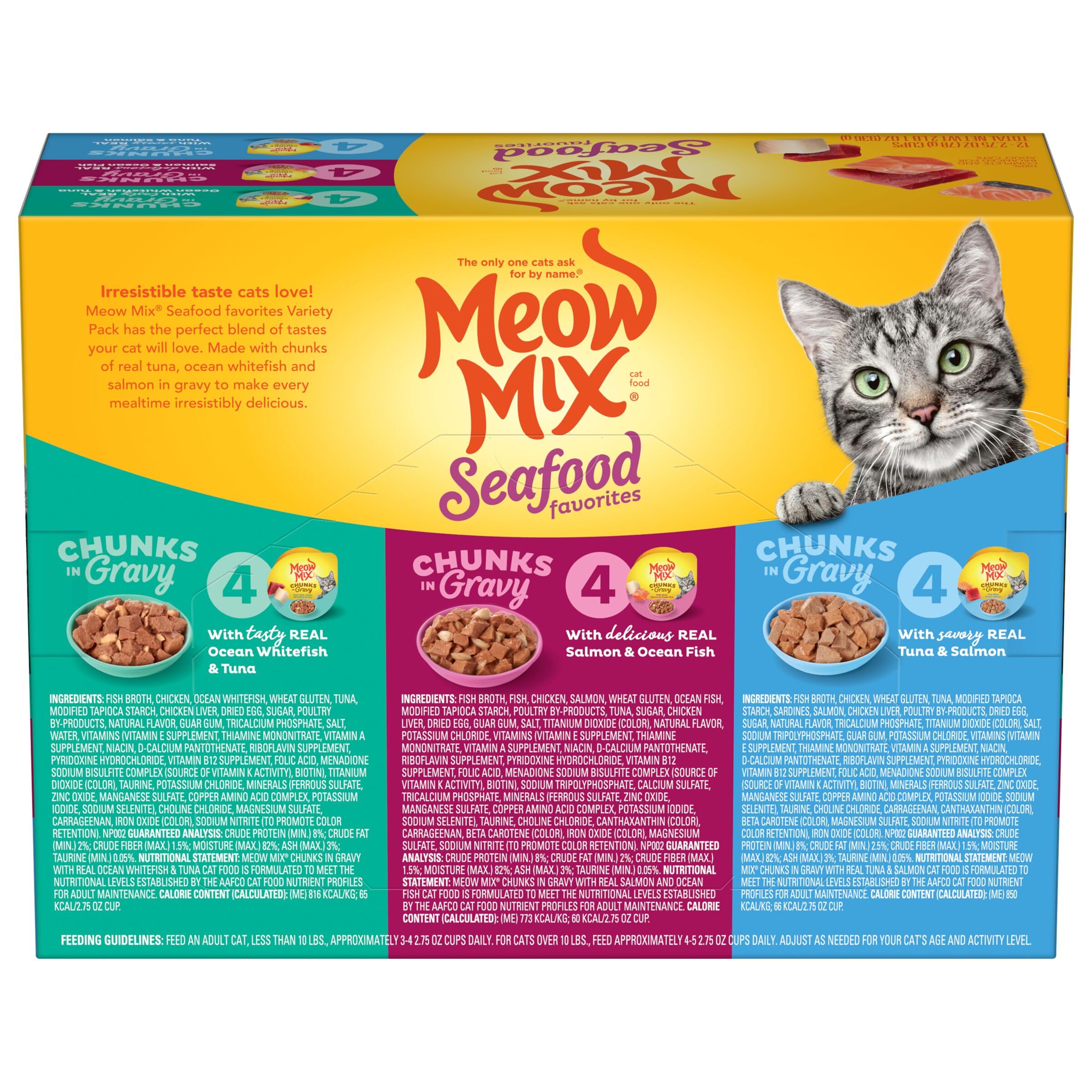 Meow Mix Seafood Favorites Chunks in Gravy Wet Cat Food Variety Pack, 2.75 Ounce (Pack of 12)
