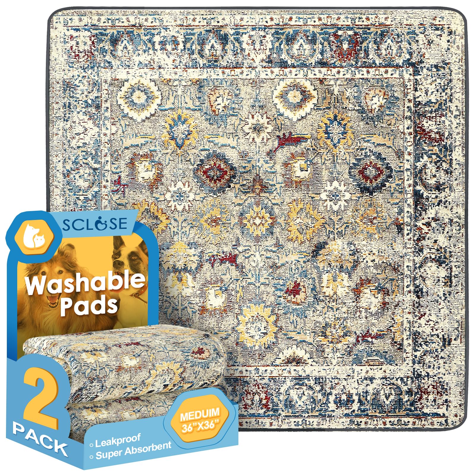 Sclose Washable Pee Pad For Dogs 2 Pack, 36' X 36' Reusable Puppy Pads Waterproof Dog Rugs, Super Absorbent, Leakproof, Dog Cr