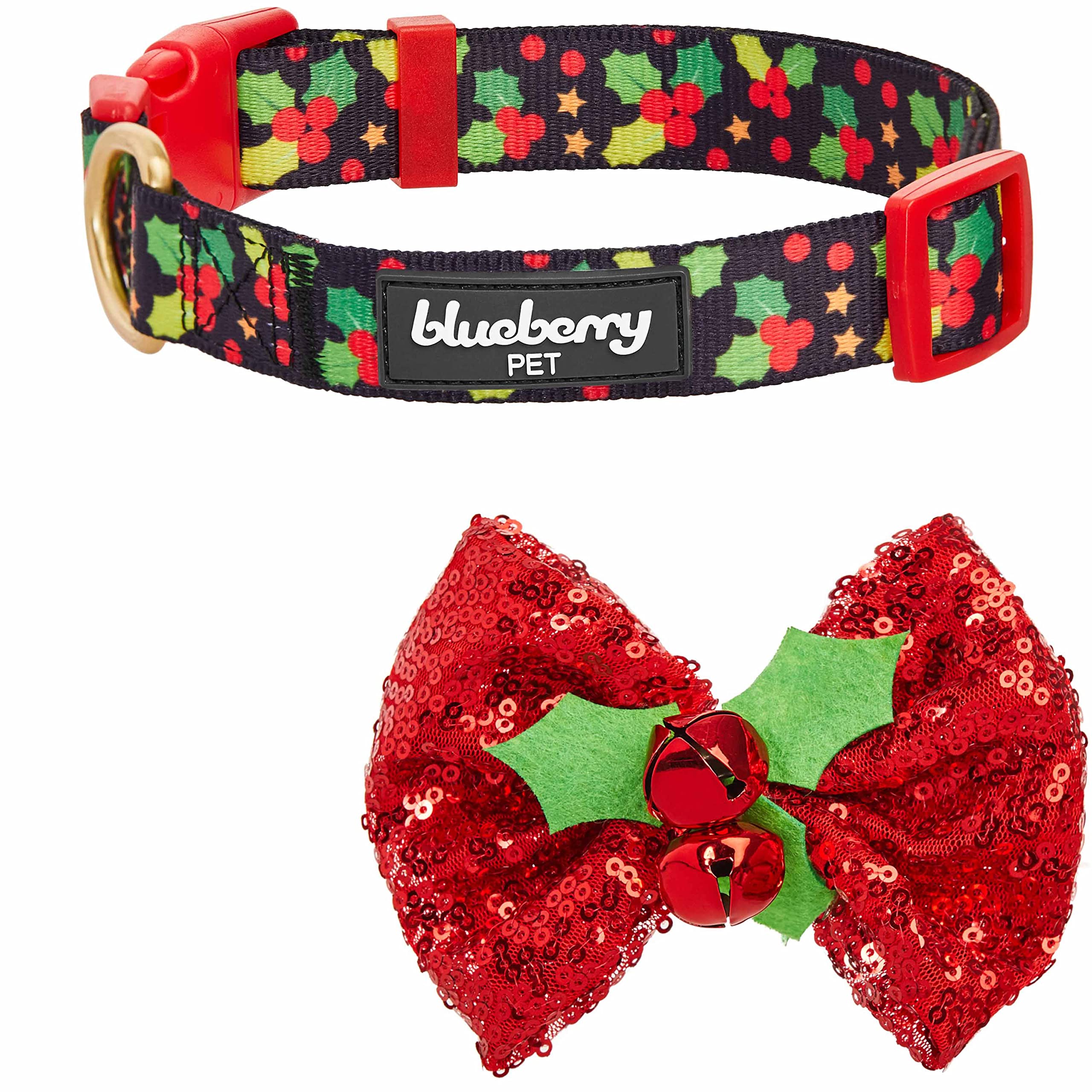 Blueberry Pet Christmas Holly Dog Collar With Bowtie D  Cor, Adjustable Pet Collar For Medium Dogs, 14.5''-20'' Neck, Holiday Do