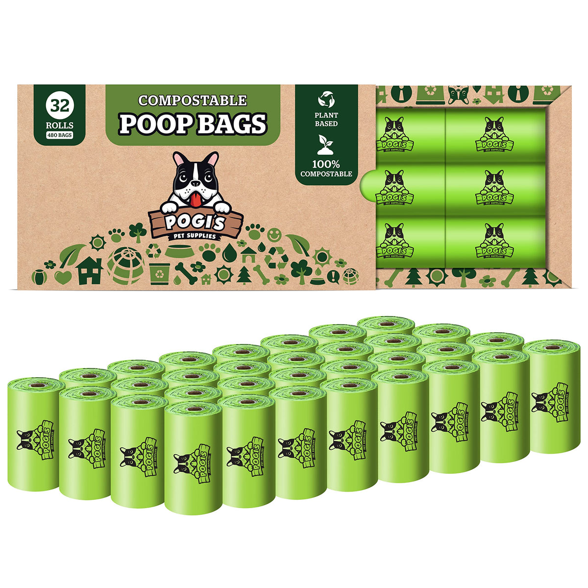 Pogi'S Compostable Dog Poop Bags - 32 Rolls (480 Doggie Poop Bags) - Leak-Proof Dog Waste Bags, Plant-Based Astm D6400, En13432 Certified Extra Large Poop Bags For Dogs