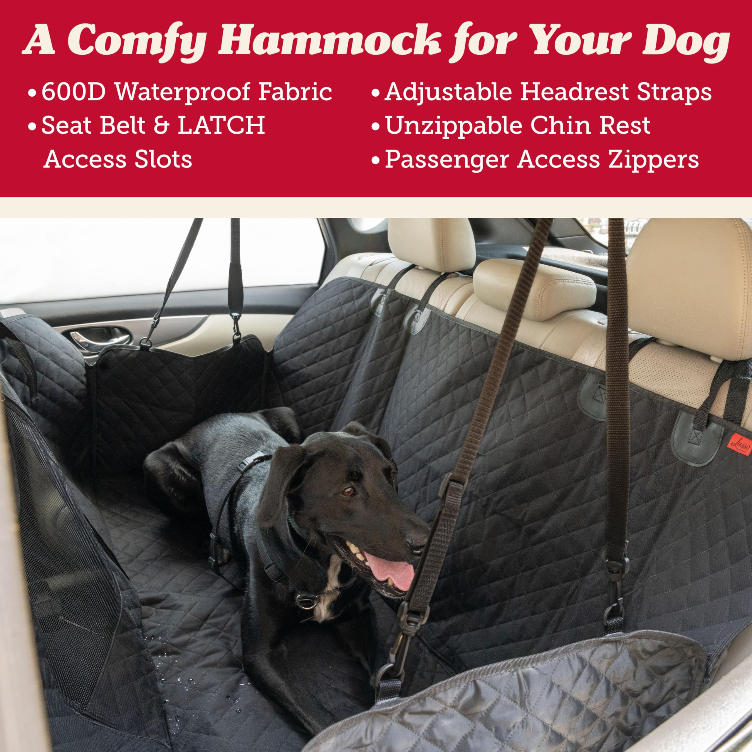 Lusso Gear Dog Car Seat Cover For Back Seat - 100% Waterproof Dog Hammock - Padded Headrest And Mesh Window - Passenger Compatib