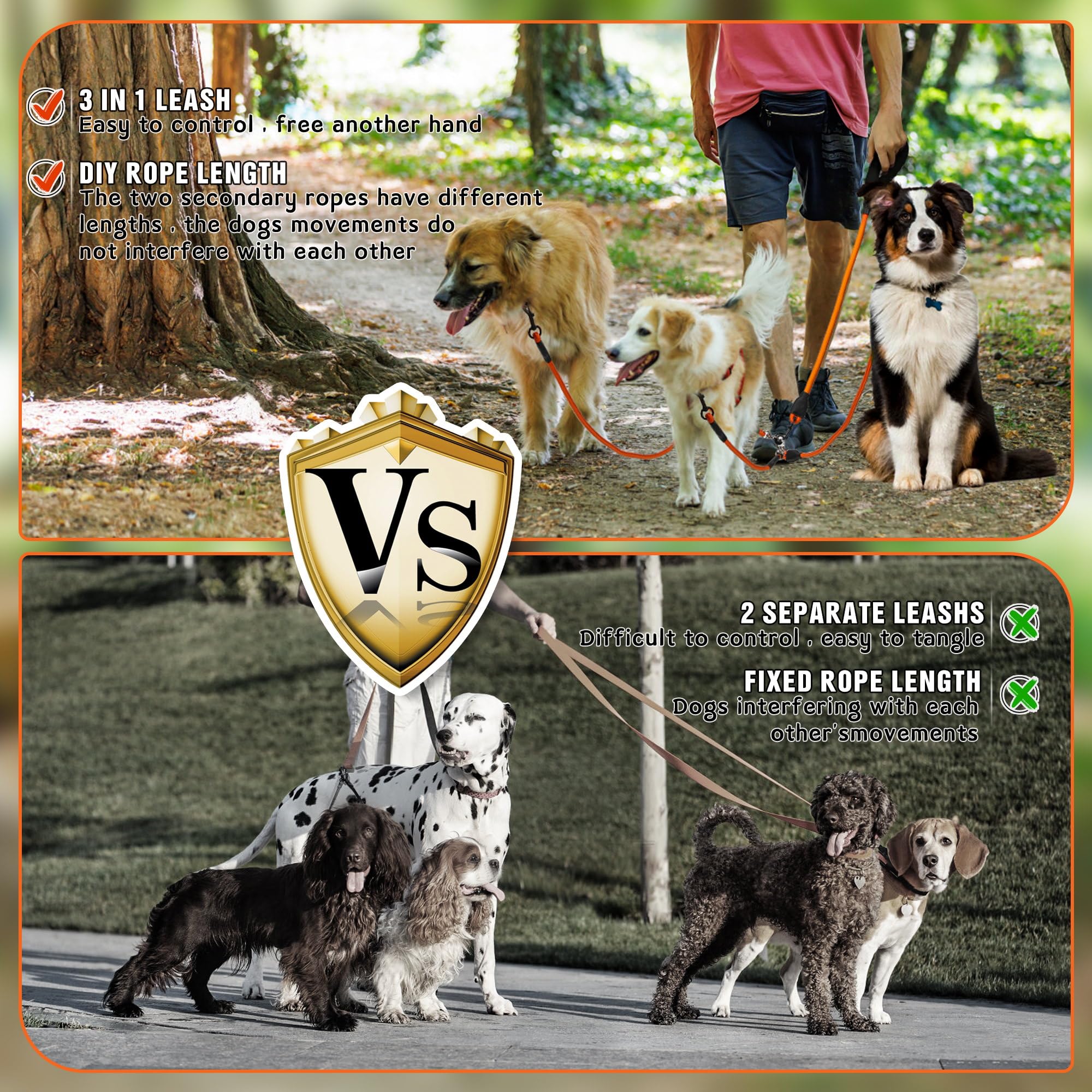 Heavy Duty Three-Way Dog Leash, No-Tangle 360 Swivel, Padded Handle, For Walking & Training (Orange, L/30-135 Lbs)