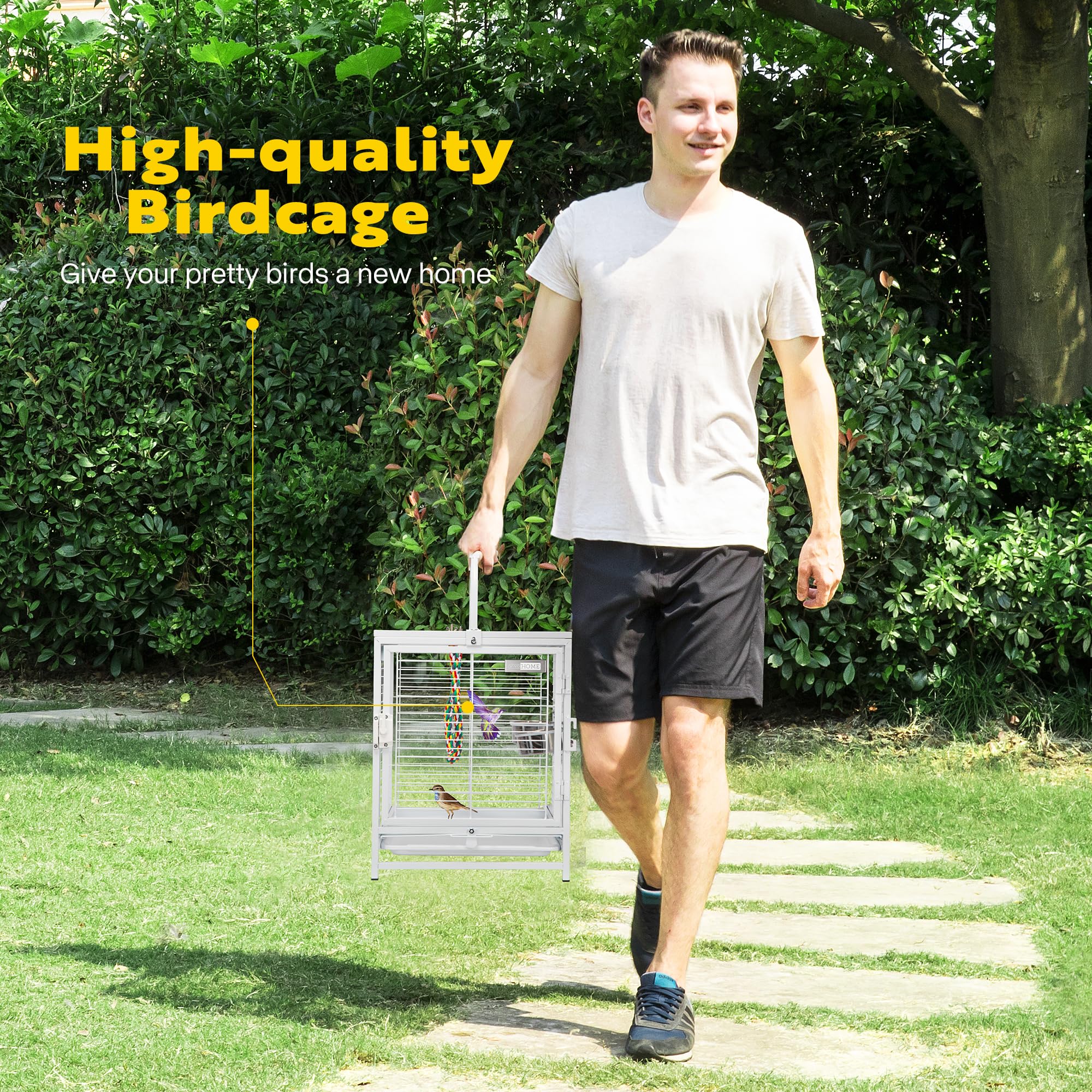 Vivohome 19 Inch Wrought Iron Bird Travel Carrier Cage For Parrots Conures Lovebird Cockatiel Parakeets White