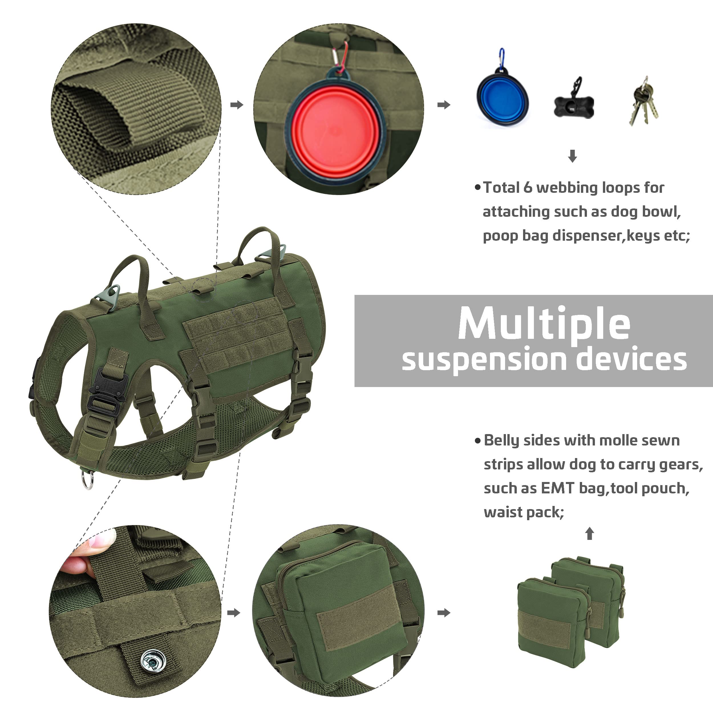 Forestpaw Tactical Dog Vest Harness And Easy Control Training Dog Collar With Bungee Dog Leash Set No Pull Military Dog Harness With Backpack For Medium Large Dogs-Green L