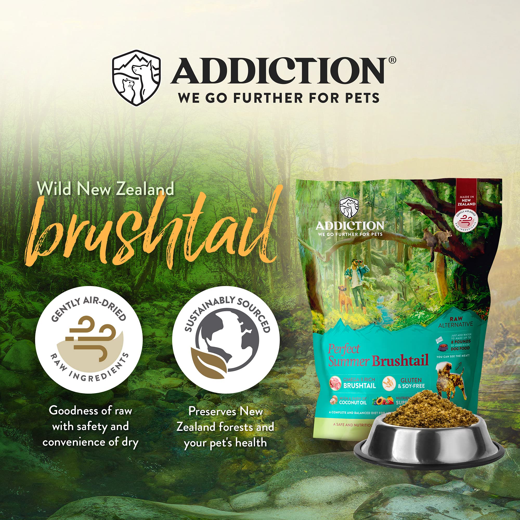 Addiction Perfect Summer Brushtail Air-Dried Grain-Free Dog Food - Complete Meal or Topper with Natural Ingredients for Digestiv
