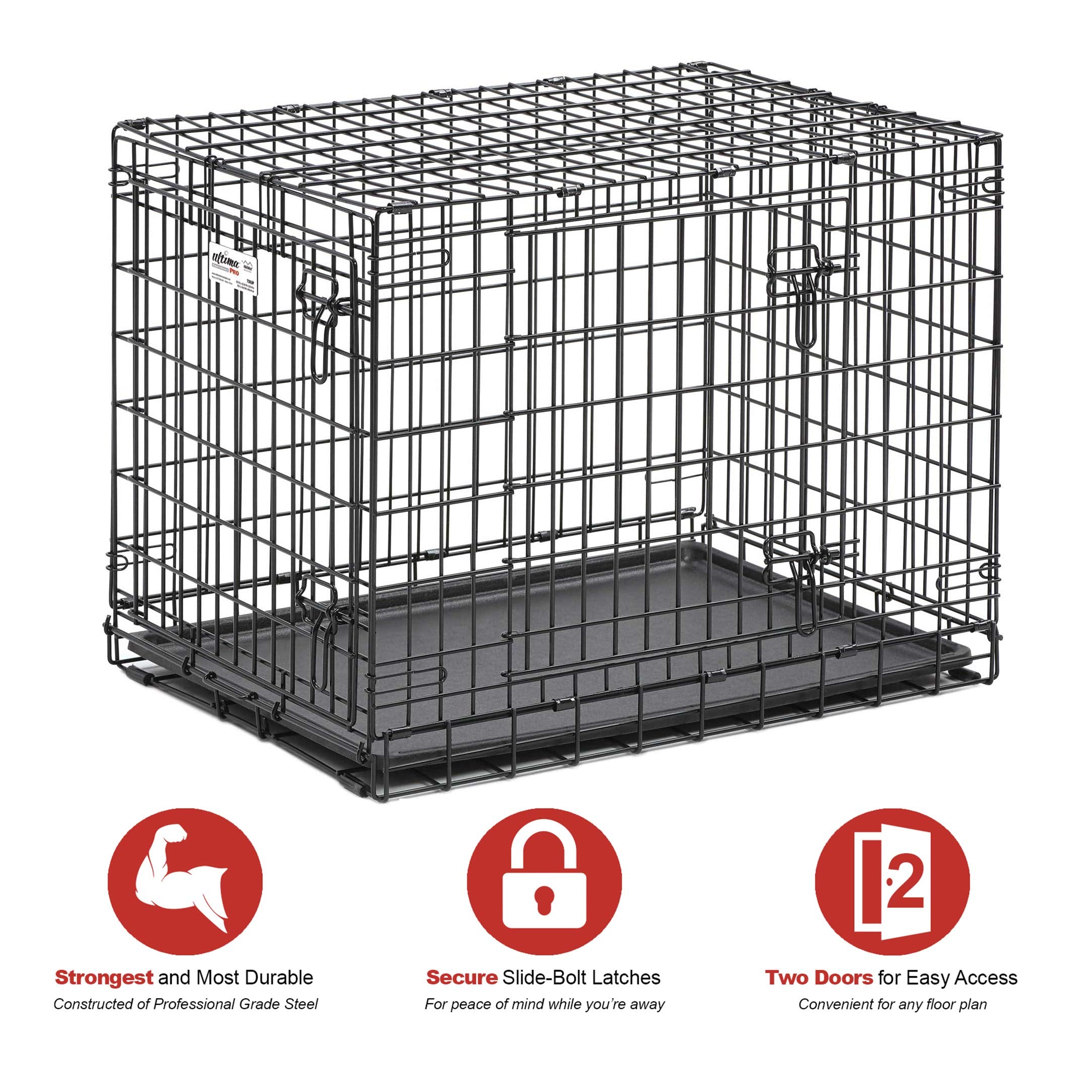 Midwest Homes For Pets Ultima Pro Series 30' Dog Crate | Extra-Strong Double Door Folding Metal Dog Crate W/Divider Panel, Floor Protecting 'Roller Feet' & Leak-Proof Plastic Pan