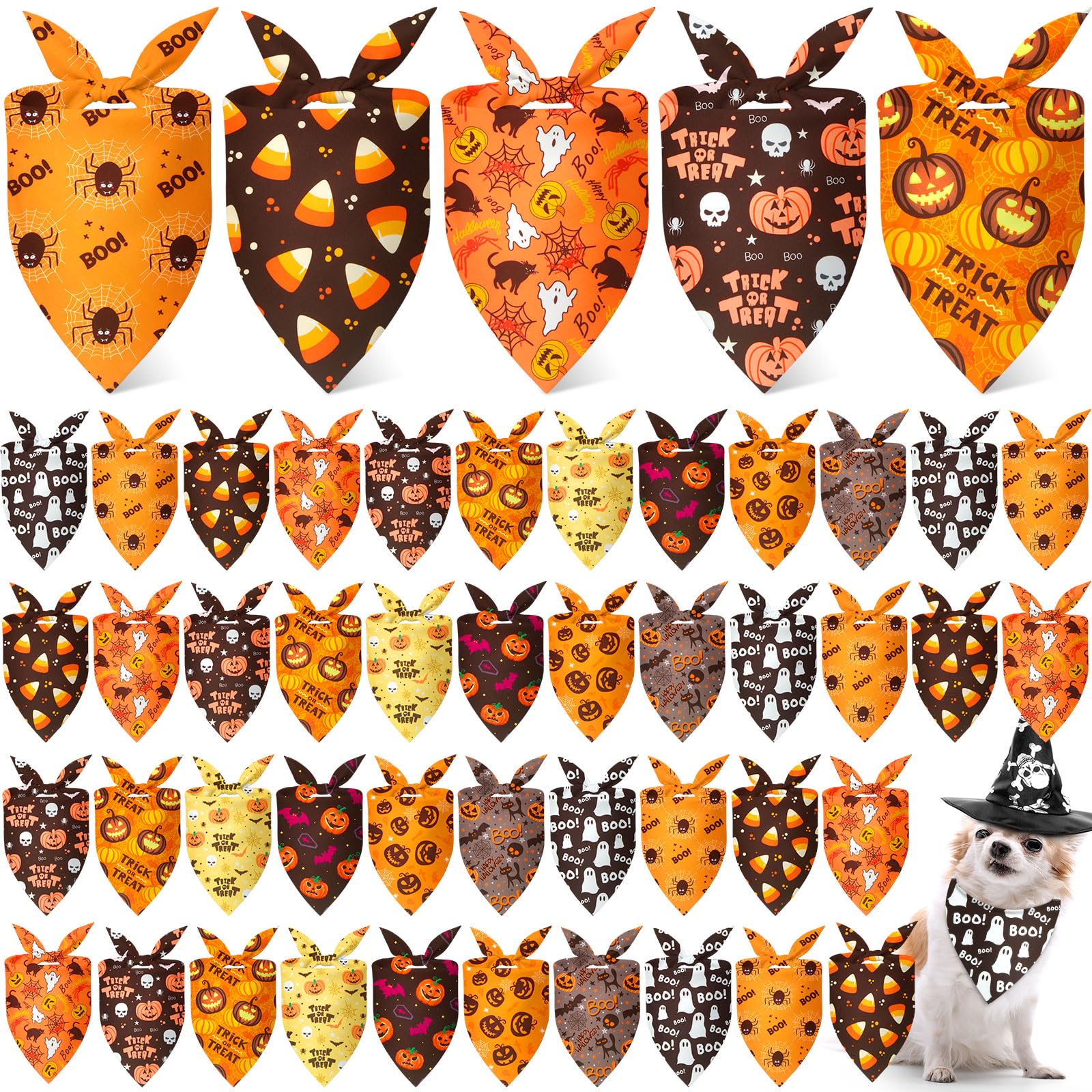 Weewooday 50 Pcs Halloween Dog Bandanas Bulk Pumpkin Ghost Bandanas for Dogs Soft Triangle Bibs Adjustable Triangle for Small Me