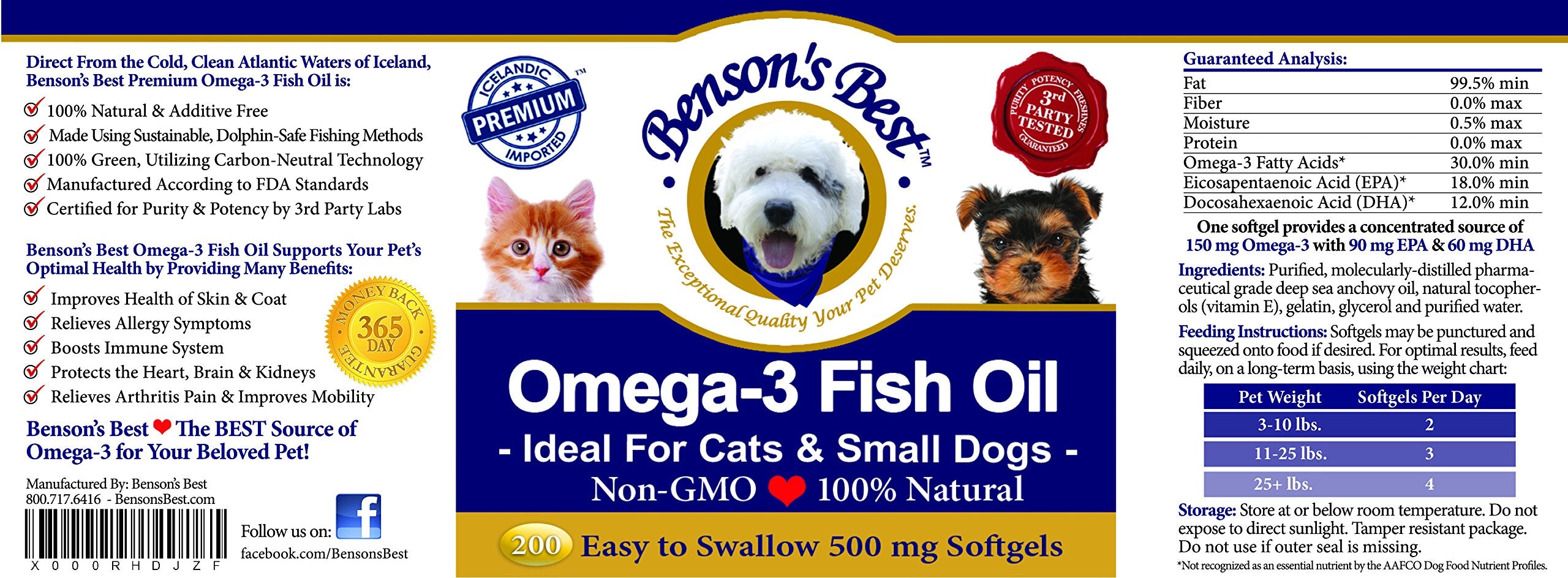 Bensons Best Omega 3 Fish Oil for Cats & Small Dogs - 200 Softgels 500mg - 43% More Omega 3 Fatty Acids Than Salmon Oil - 100%