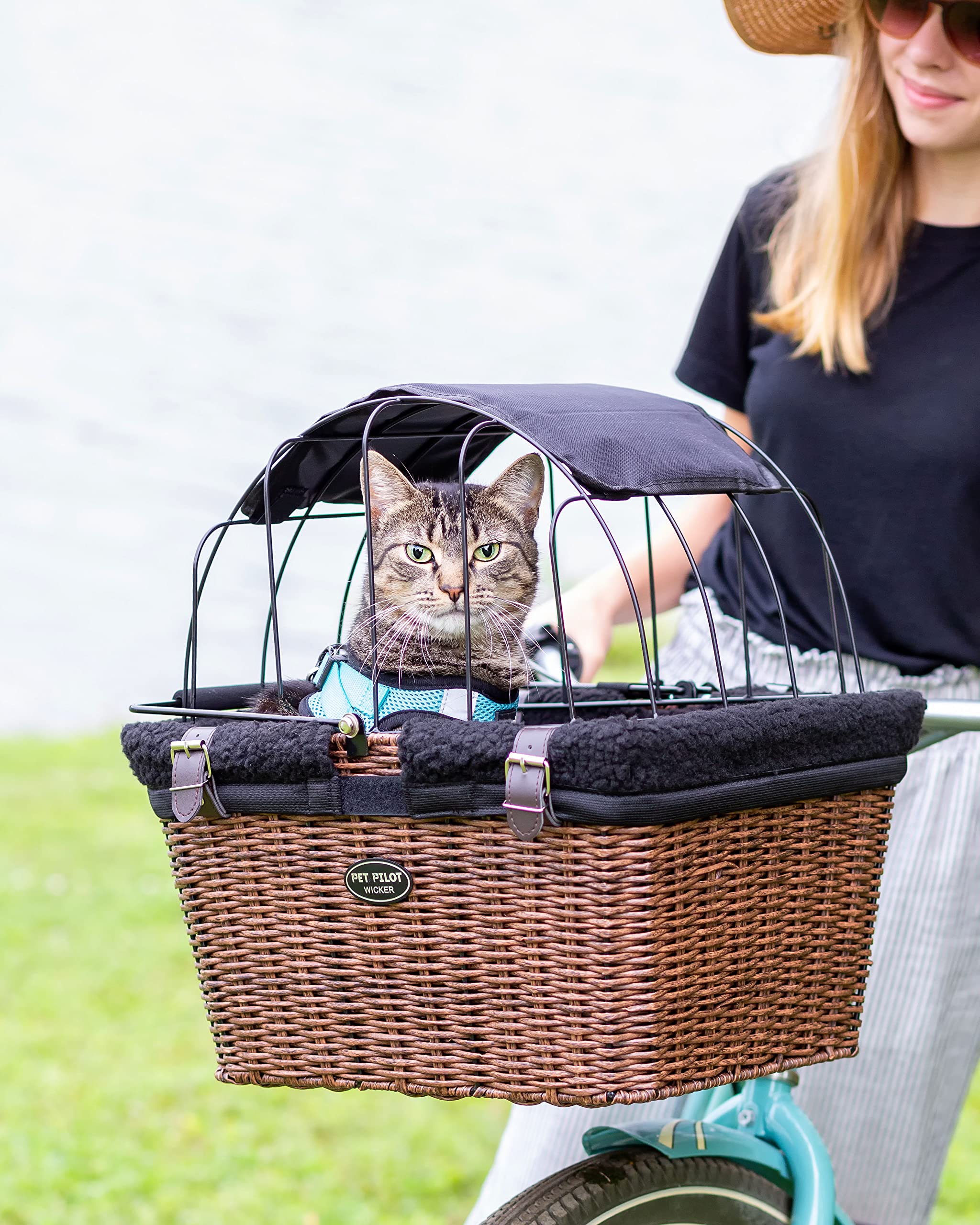 Travelin K9 Pet-Pilot Max Wicker Bike Basket For Dogs/Cats - Includes Wire Cage Top W/Sun Shade + Plush Removable Padded Liner