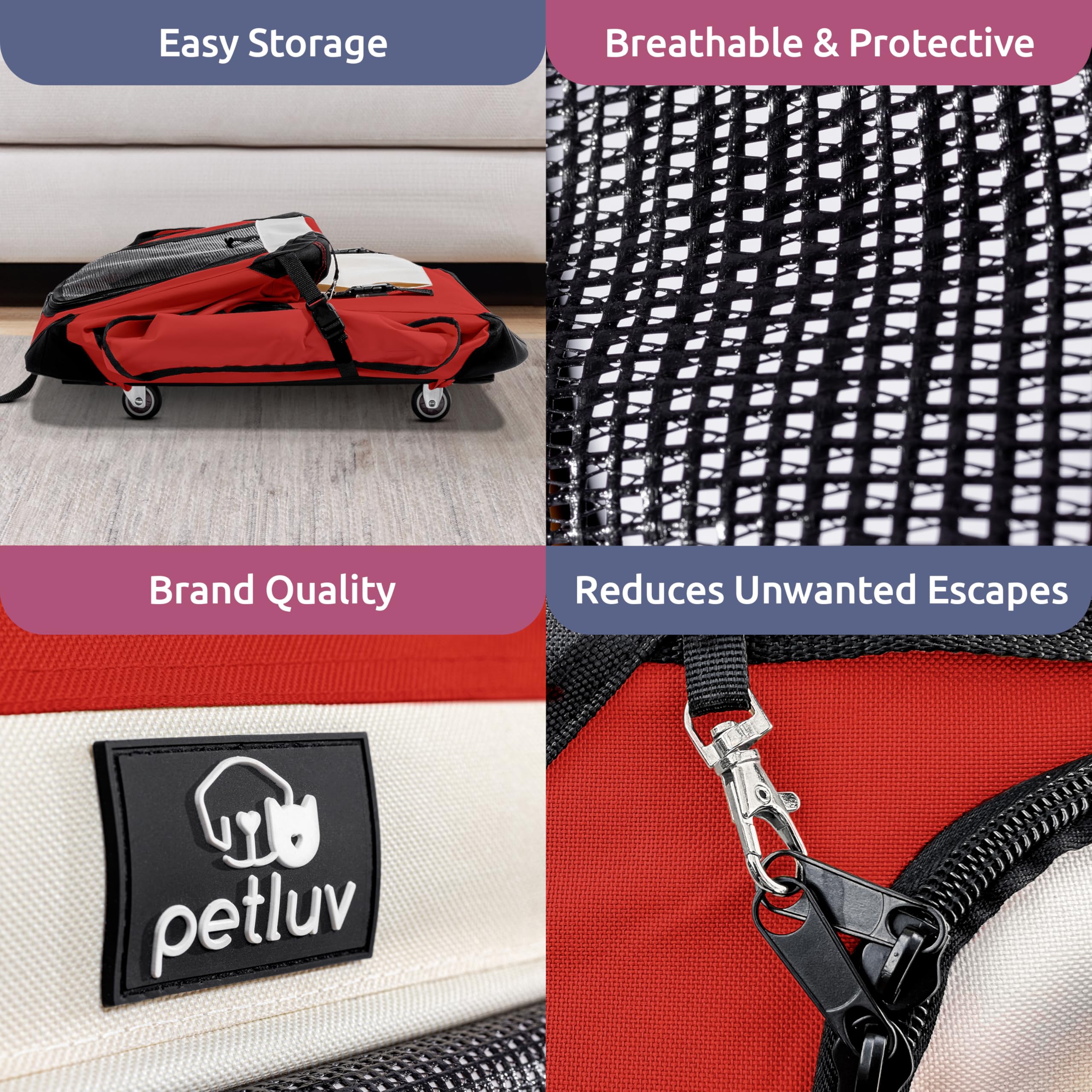 Petluv Large Cat Carrier On Wheels, Dog Carrier For 2 Cats Or Medium Dog, Soft-Sided, Collapsible With Locking Zippers, Red
