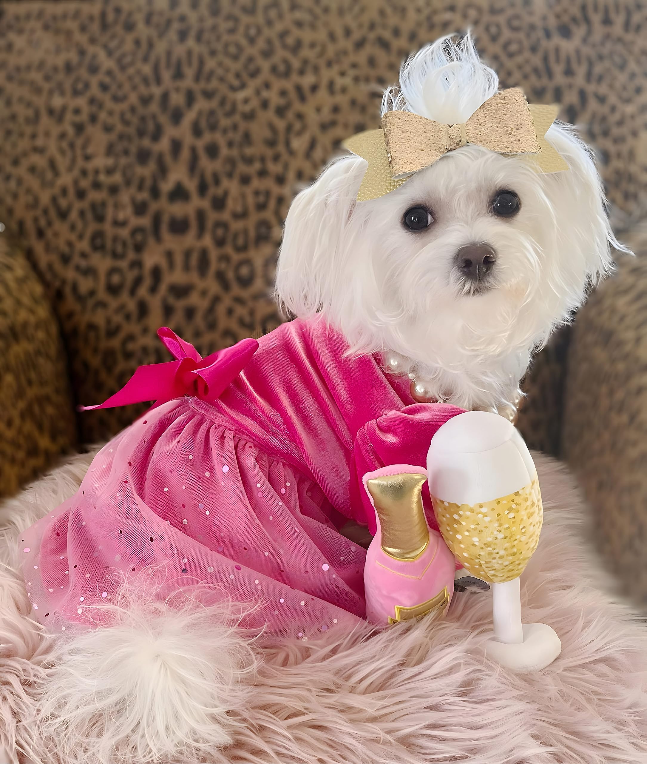 Fitwarm Fancy Dog Tulle Dress, Dog Winter Clothes For Small Dogs Girl, Female Pet Birthday Outfit, Lightweight Velvet, Pink, Med