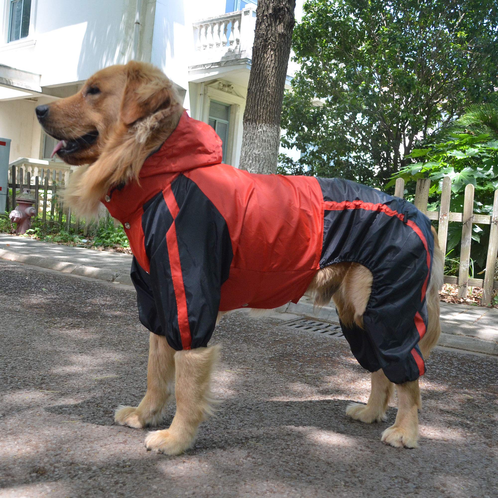 Lovelonglong Alaska Dog Hooded Raincoat, Golden Retriever Rain Jacket Poncho Waterproof Clothes With Hood Breathable 4 Feet Four Legs Rain Coats For Large Huge Dogs Red L-Xl+