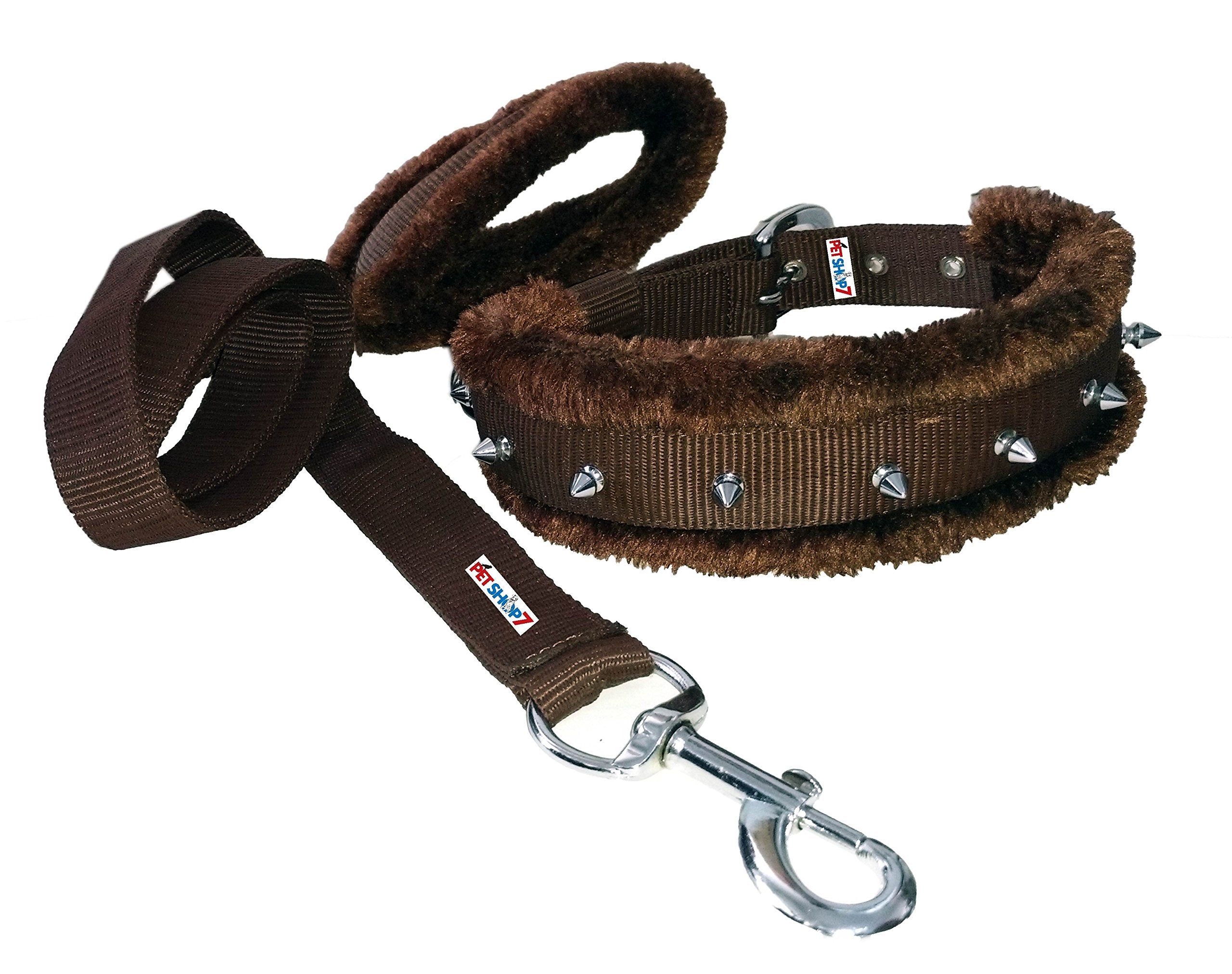 Petshop7 Nylon Fur Padded Spike Dog Collar & Dog Leash  Medium (Adjustable Neck Size : 1417Inch)Brown