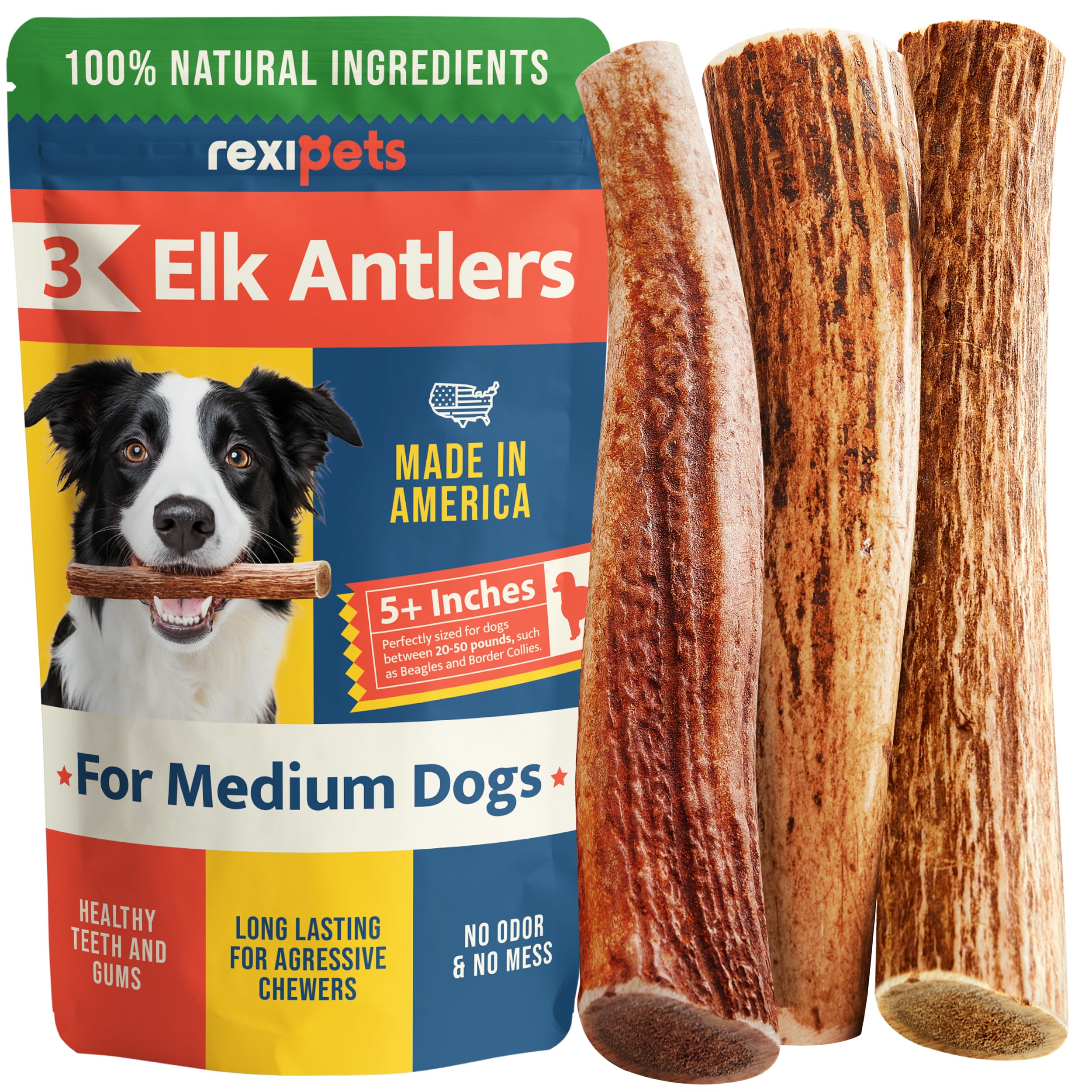 100% Natural - Elk Antlers for Dogs (3 Pack) - Chewers - Naturally Shed in USA - Dog Antler Chews for Medium Breeds - Natural, L