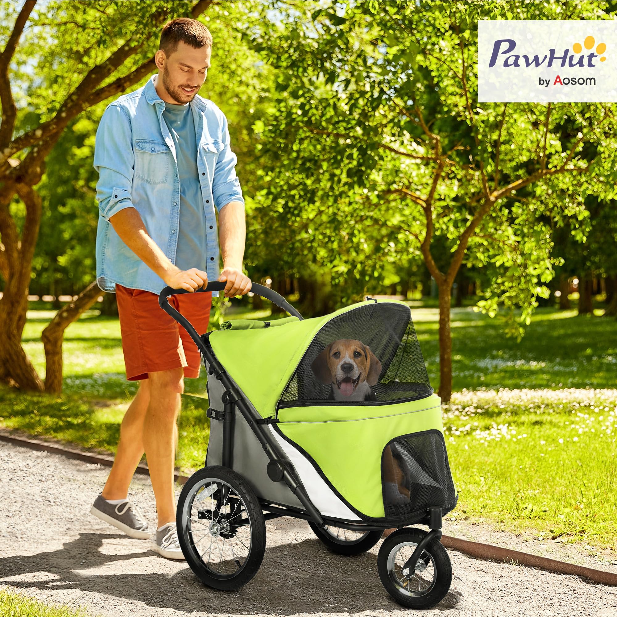 Pawhut Dog Stroller, Pet Stroller 3 Wheels With Easy One-Hand Fold, Rubber Wheels, Storage Bag, Soft Cushion, Safety Leash, For