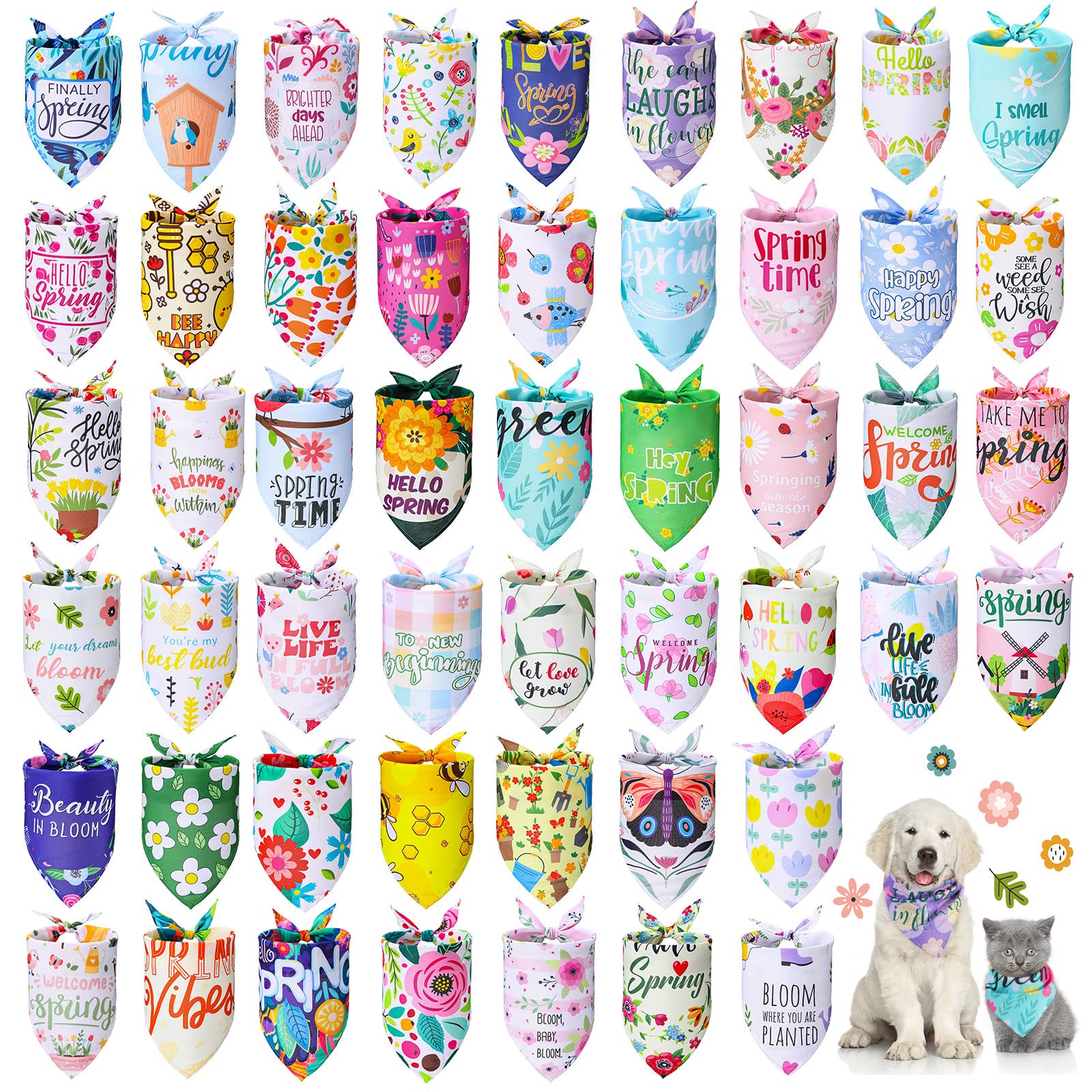 50 Pieces Dog Pet Spring Summer Bandanas Floral Dog Bibs Seasonal Pet Costume Adjustable Dog Cat Summer Outfit Cute Washable Triangle Scarf Kerchief For Small To Medium Pet (Fresh Style)