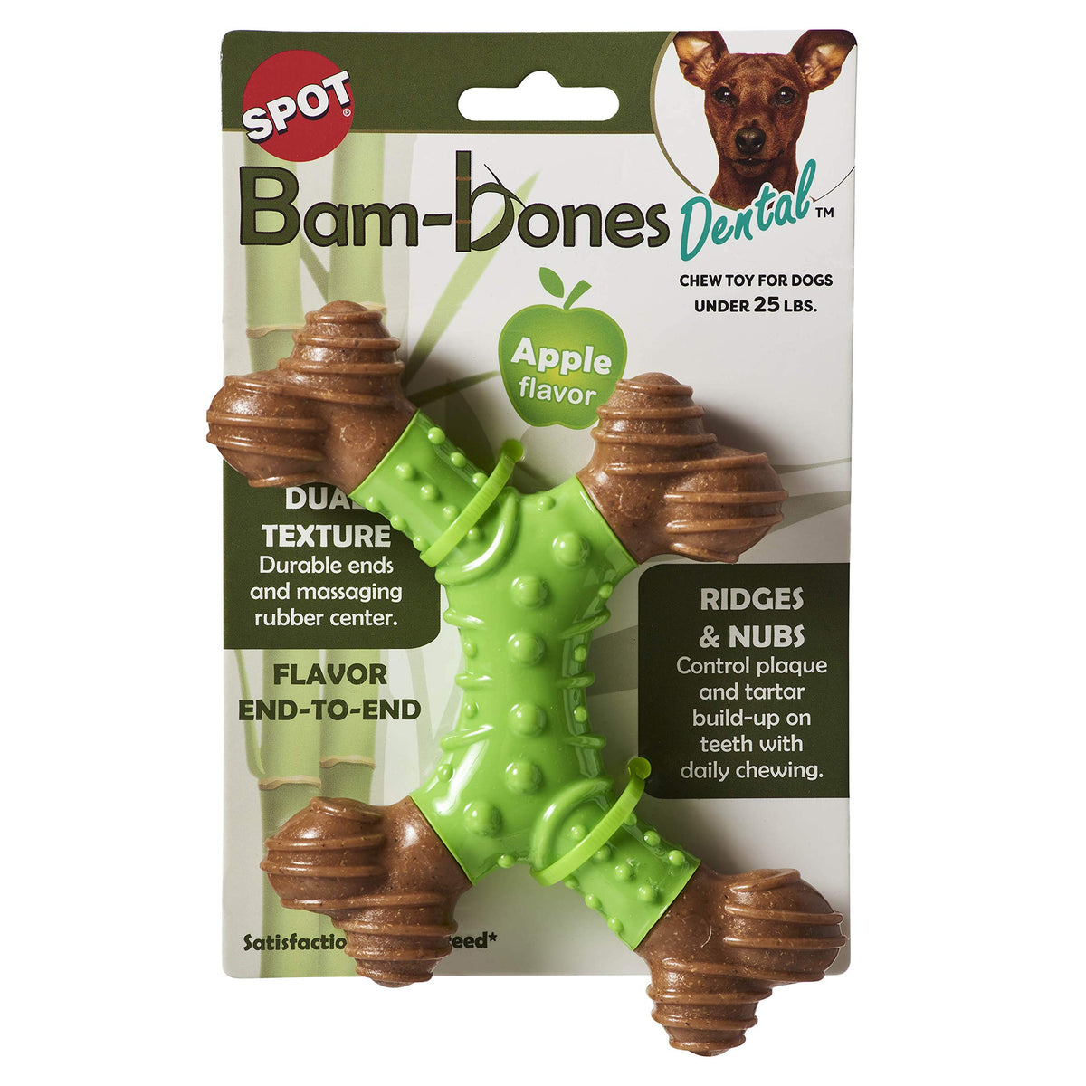 Spot Bam-Bones Dental X-Bone - Made With Bamboo Fiber And A Massaging Rubber Center To Keep Teeth Clean, Durable Oral Care Dog Chew For Light Chewers & Teething Puppies Under 25Lbs, 6In, Apple Flavor