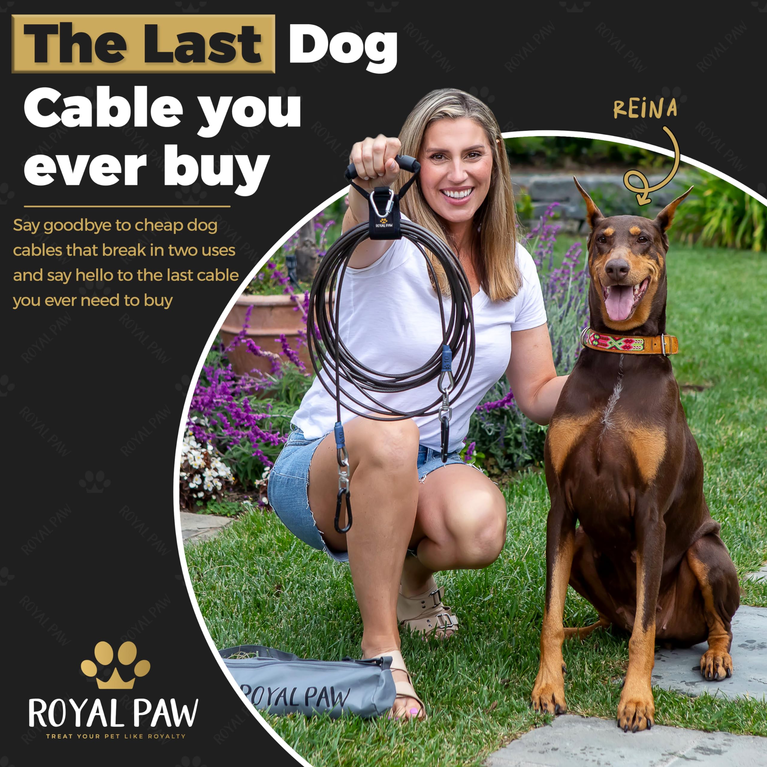 Royal Paw Dog Tie Out Cable - Tie Out Cable For Dogs (Up To 300 Lbs) - Use Dog Tie-Outs & Stakes For Outside - Best Heavy Duty Dog Leash For Large Dogs (10Ft - Black Onyx)