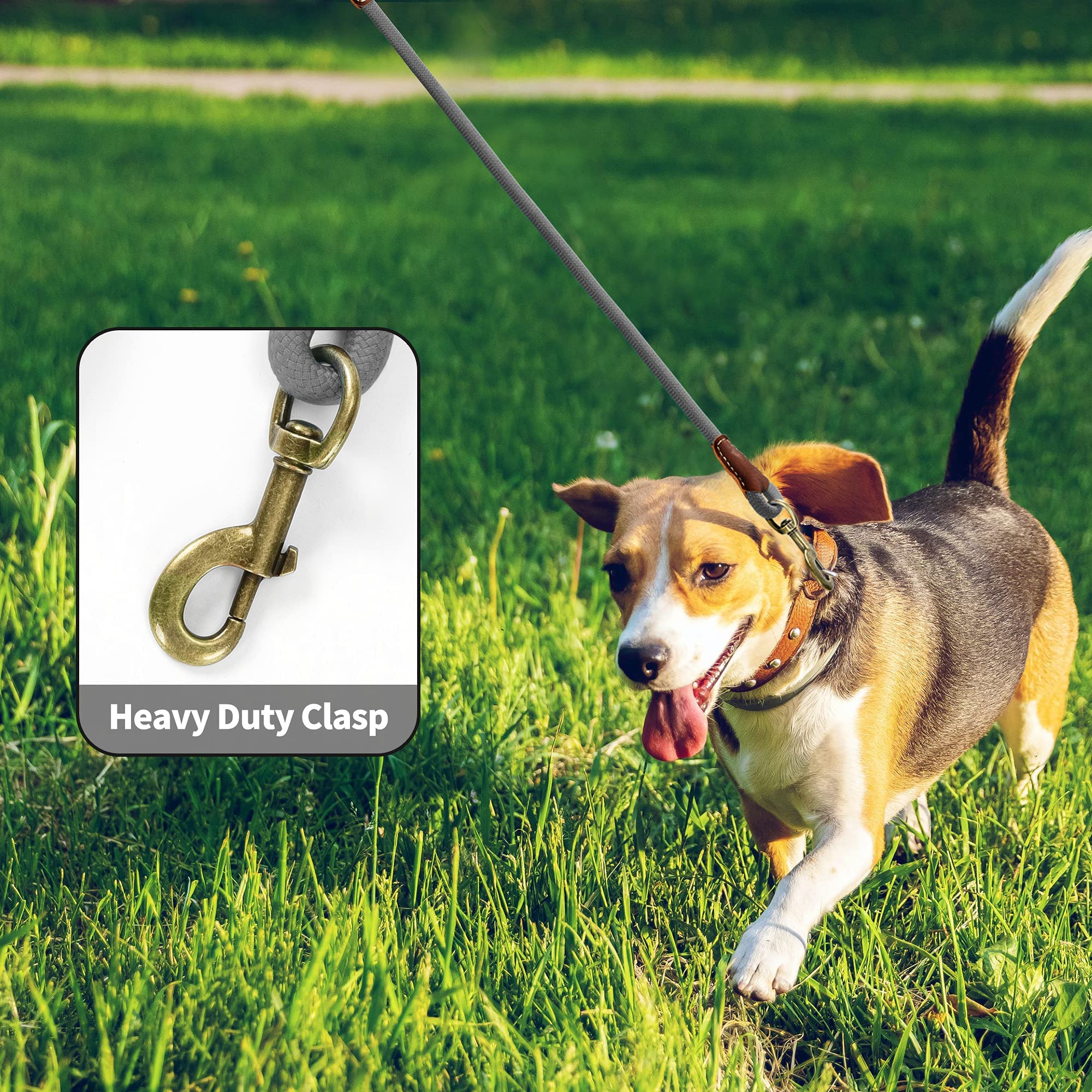 Mile High Life | Premium Leather Dog Leash | Strong Rope Dog Leash | Leather Handle | Heavy Duty Clasp | Small Medium Large Dogs | Diameter 1/2' (Grey, 6 Feet)